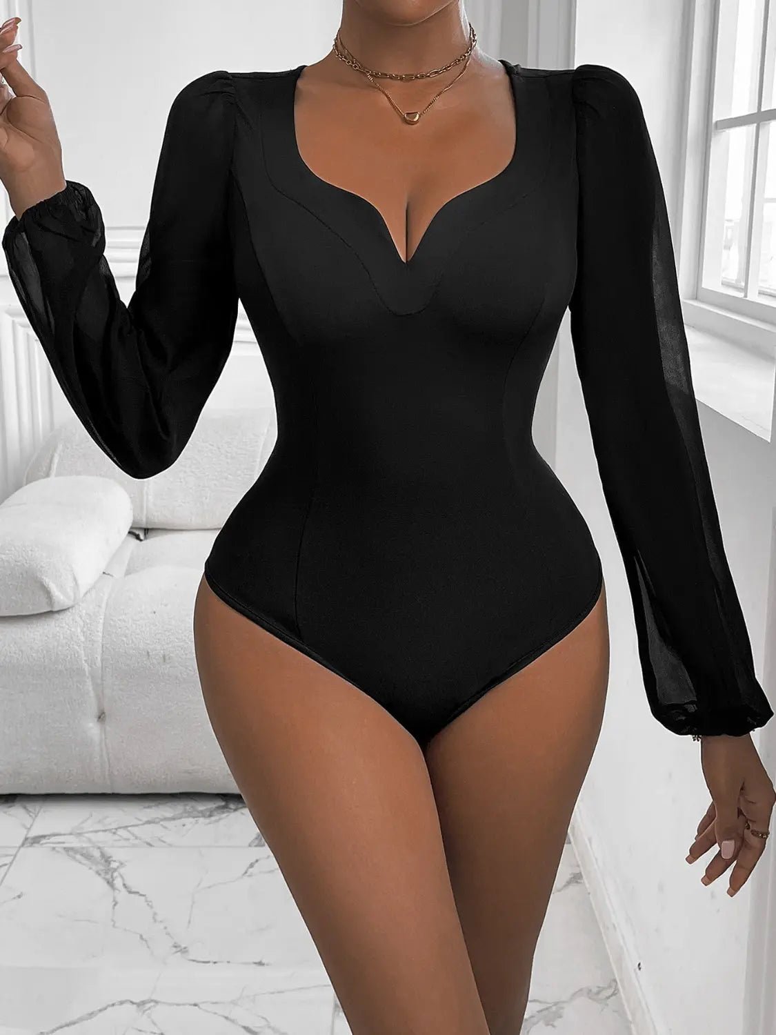 Sweetheart Neck Long Sleeve Bodysuit - GlossiChic Collection Black / S GlossiChic Collection Bodysuits