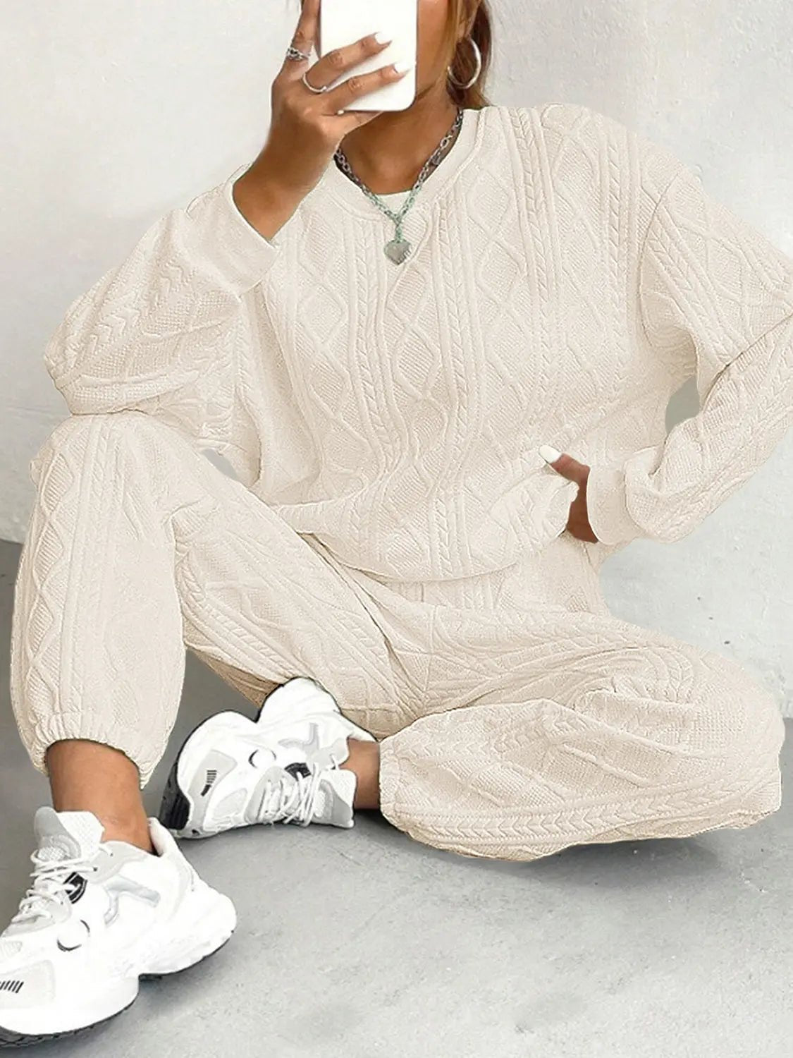 Texture Round Neck Top and Pants Set - GlossiChic Collection White / S GlossiChic Collection Outfit Sets