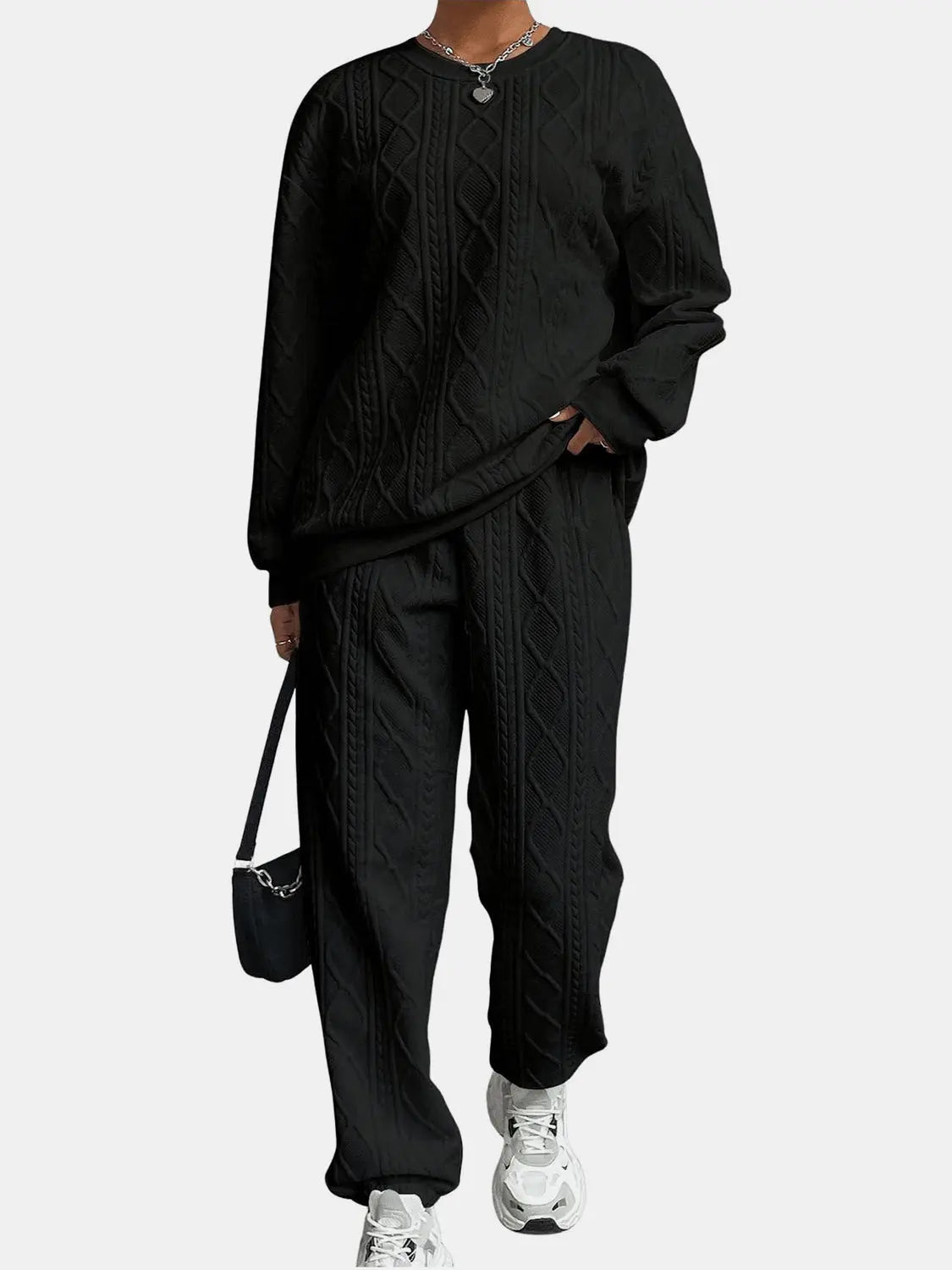 Texture Round Neck Top and Pants Set - GlossiChic Collection Black / S GlossiChic Collection Outfit Sets