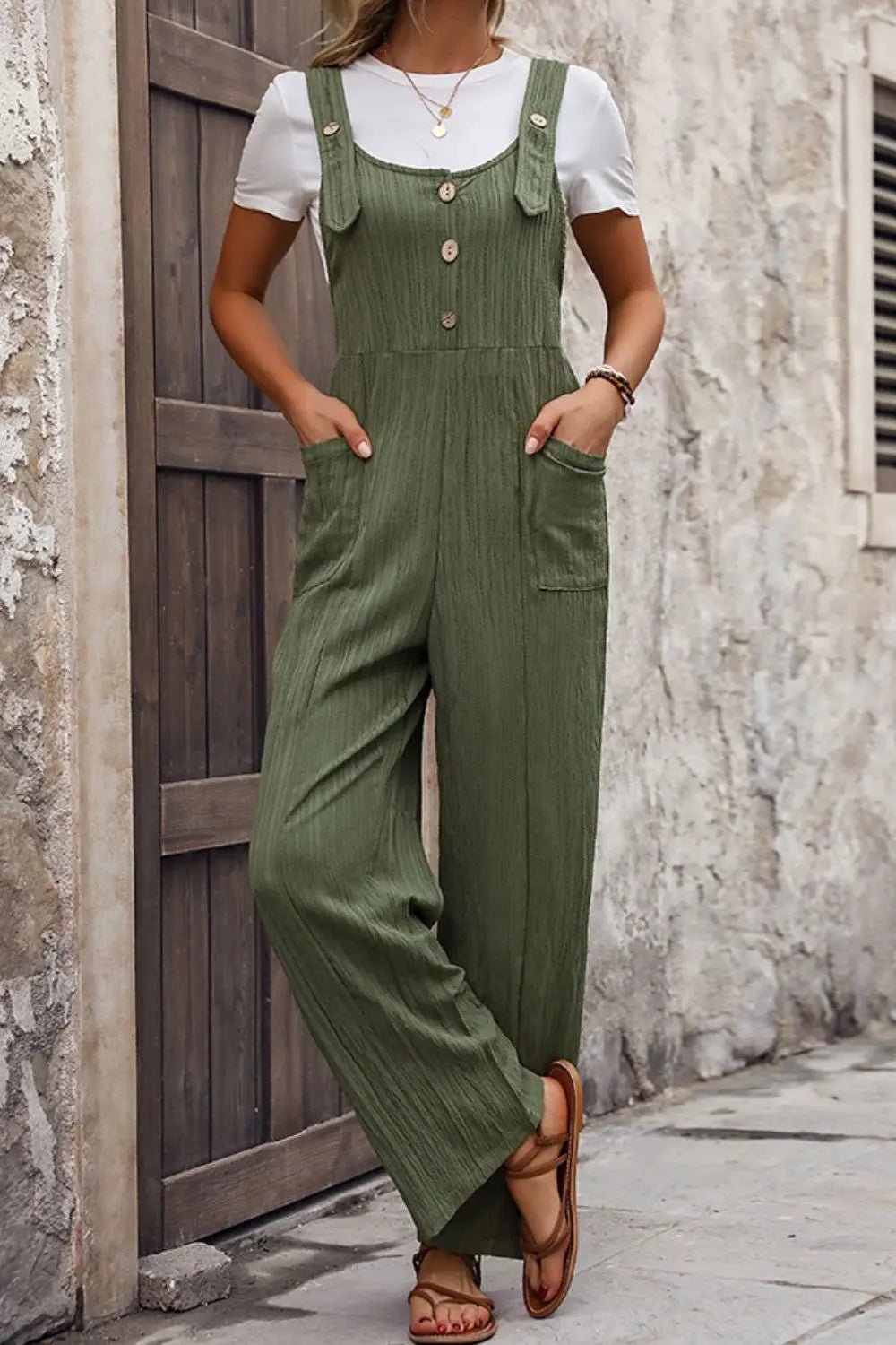 Textured Pocketed Wide Strap Overalls - GlossiChic CollectionJumpers & Rompers
