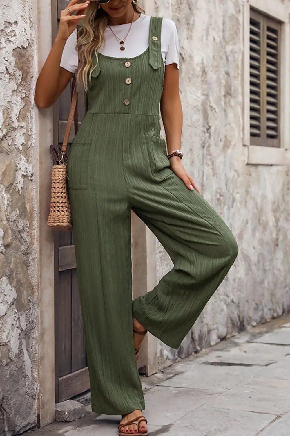 Textured Pocketed Wide Strap Overalls - GlossiChic CollectionJumpers & Rompers