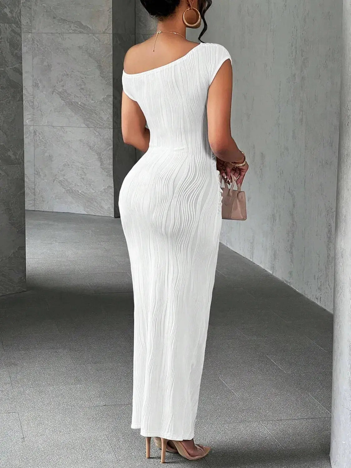 Textured Single Shoulder Maxi Dress - GlossiChic Collection White / S GlossiChic Collection Dresses