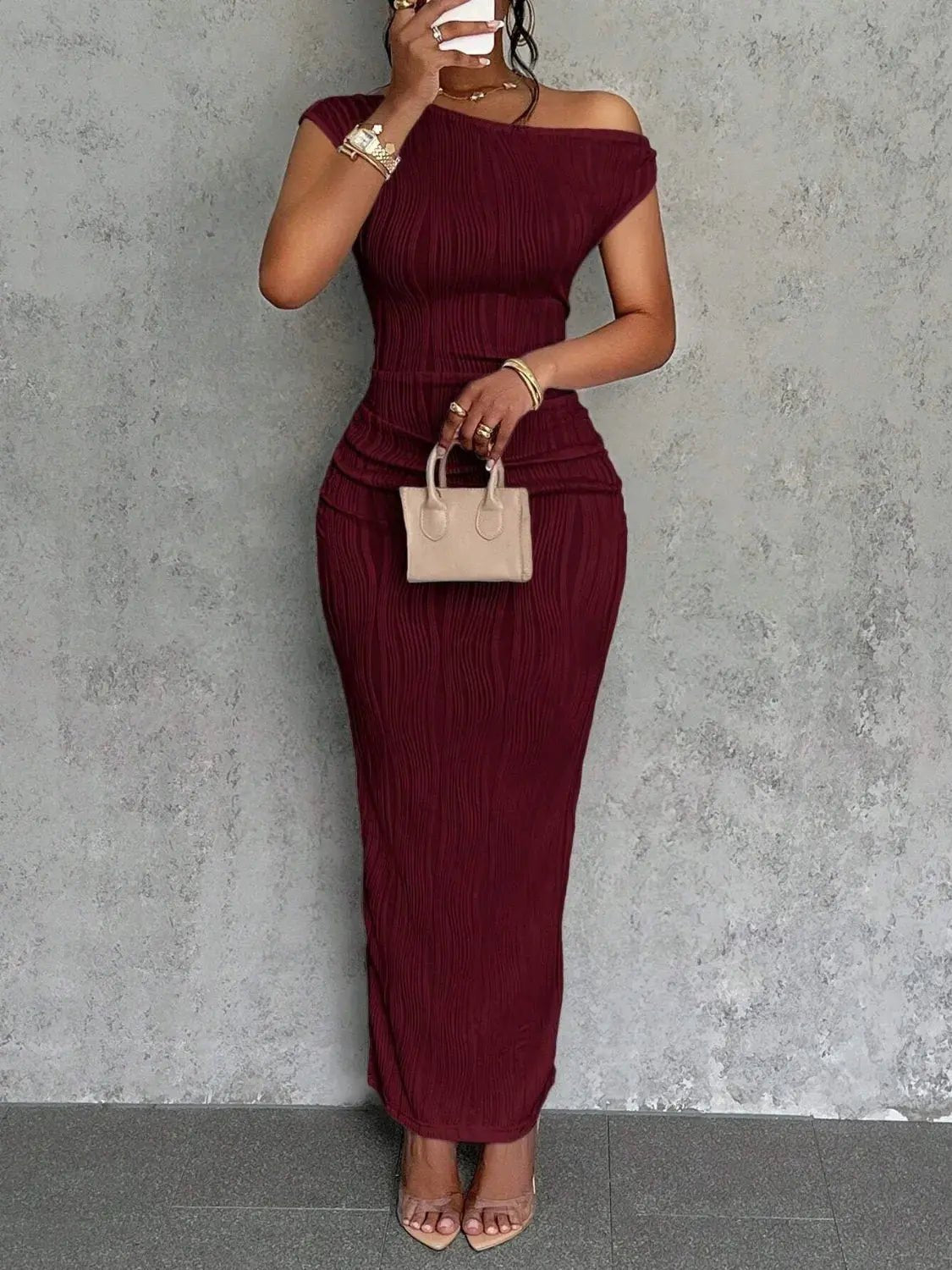Textured Single Shoulder Maxi Dress - GlossiChic Collection Burgundy / S GlossiChic Collection Dresses