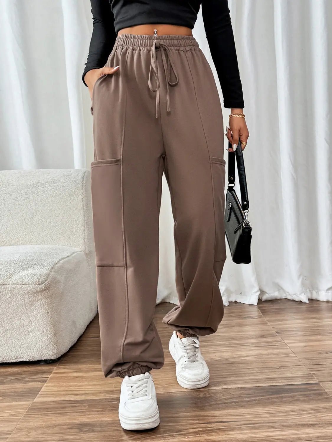 Tied Joggers with Pockets - GlossiChic Collection Taupe / S GlossiChic Collection Jeans, Pants, & Shorts