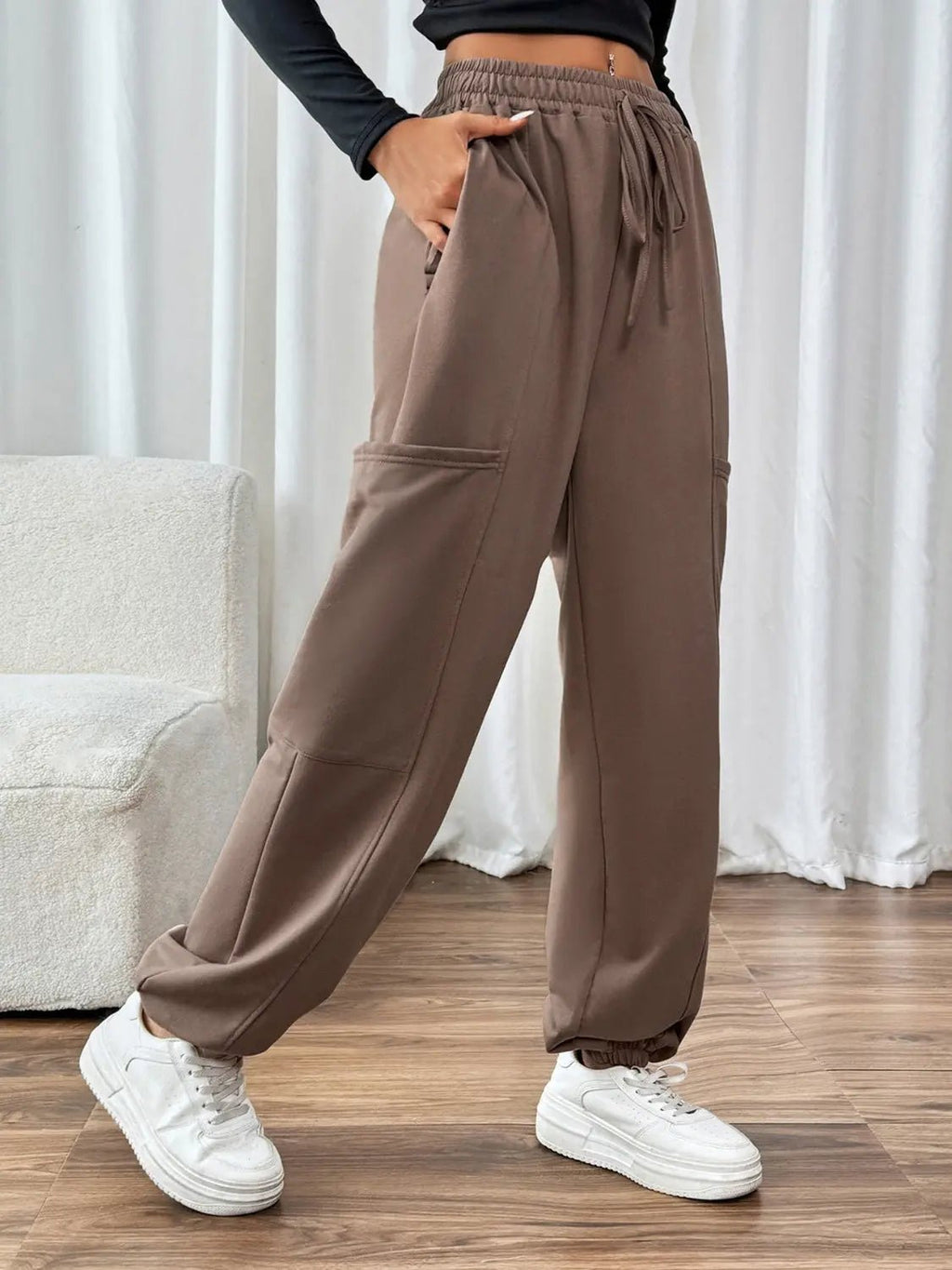 Tied Joggers with Pockets - GlossiChic Collection Taupe / S GlossiChic Collection Jeans, Pants, & Shorts
