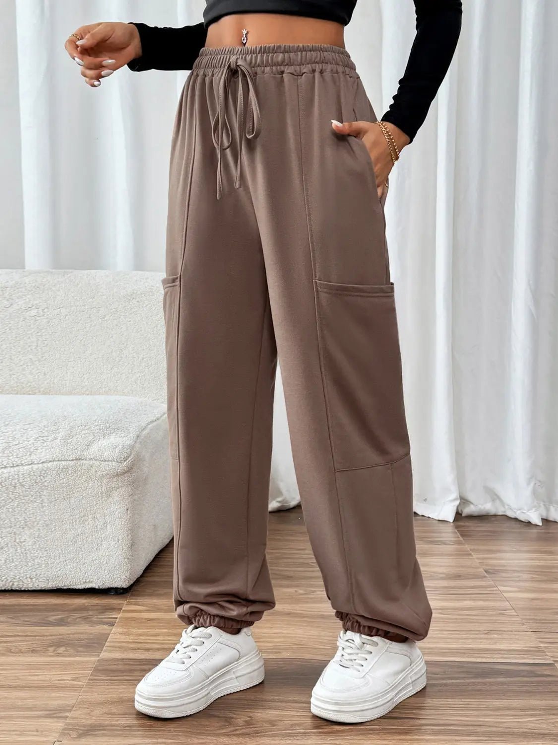 Tied Joggers with Pockets - GlossiChic Collection Taupe / S GlossiChic Collection Jeans, Pants, & Shorts