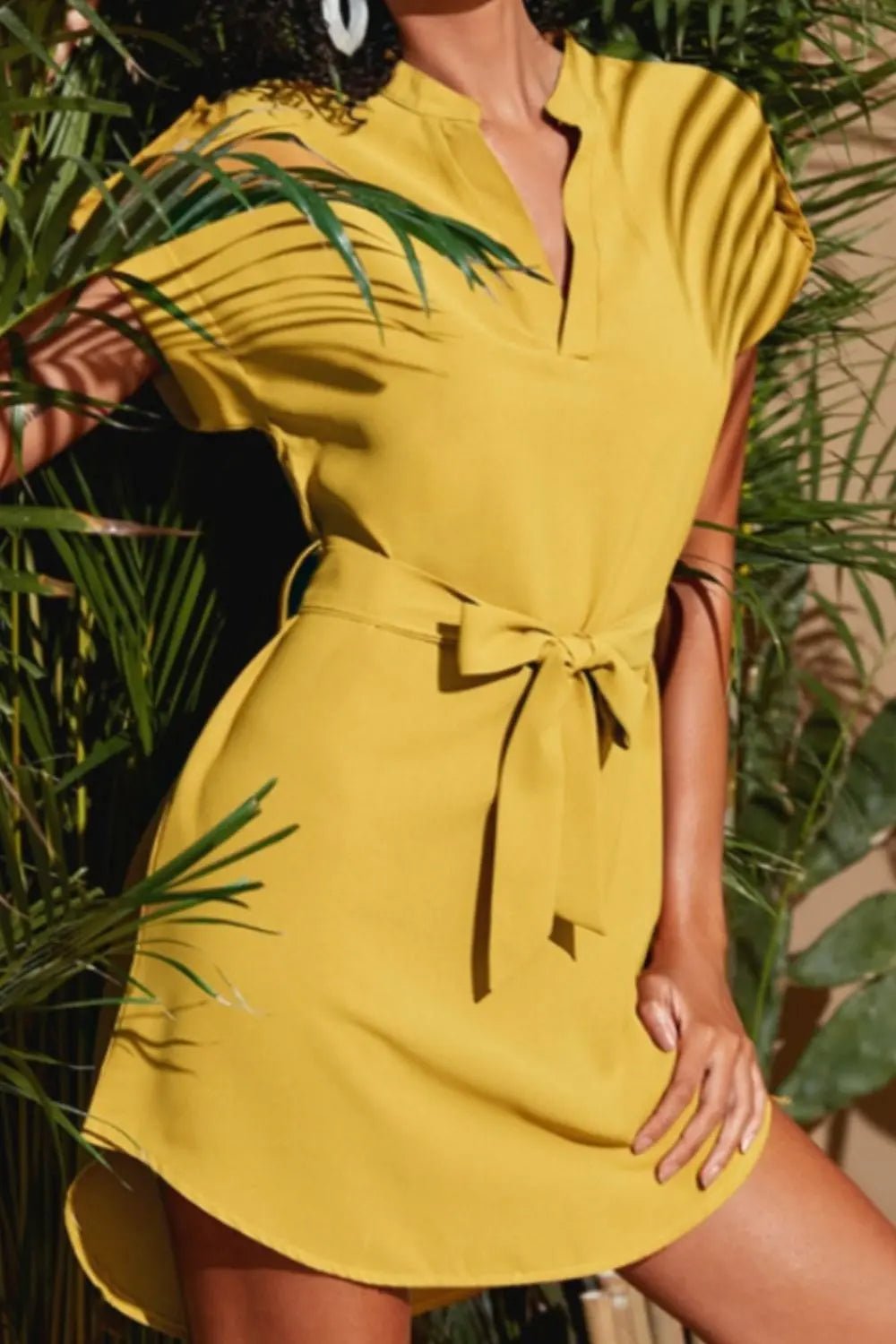 Tied Notched Short Sleeve Dress - GlossiChic CollectionDresses