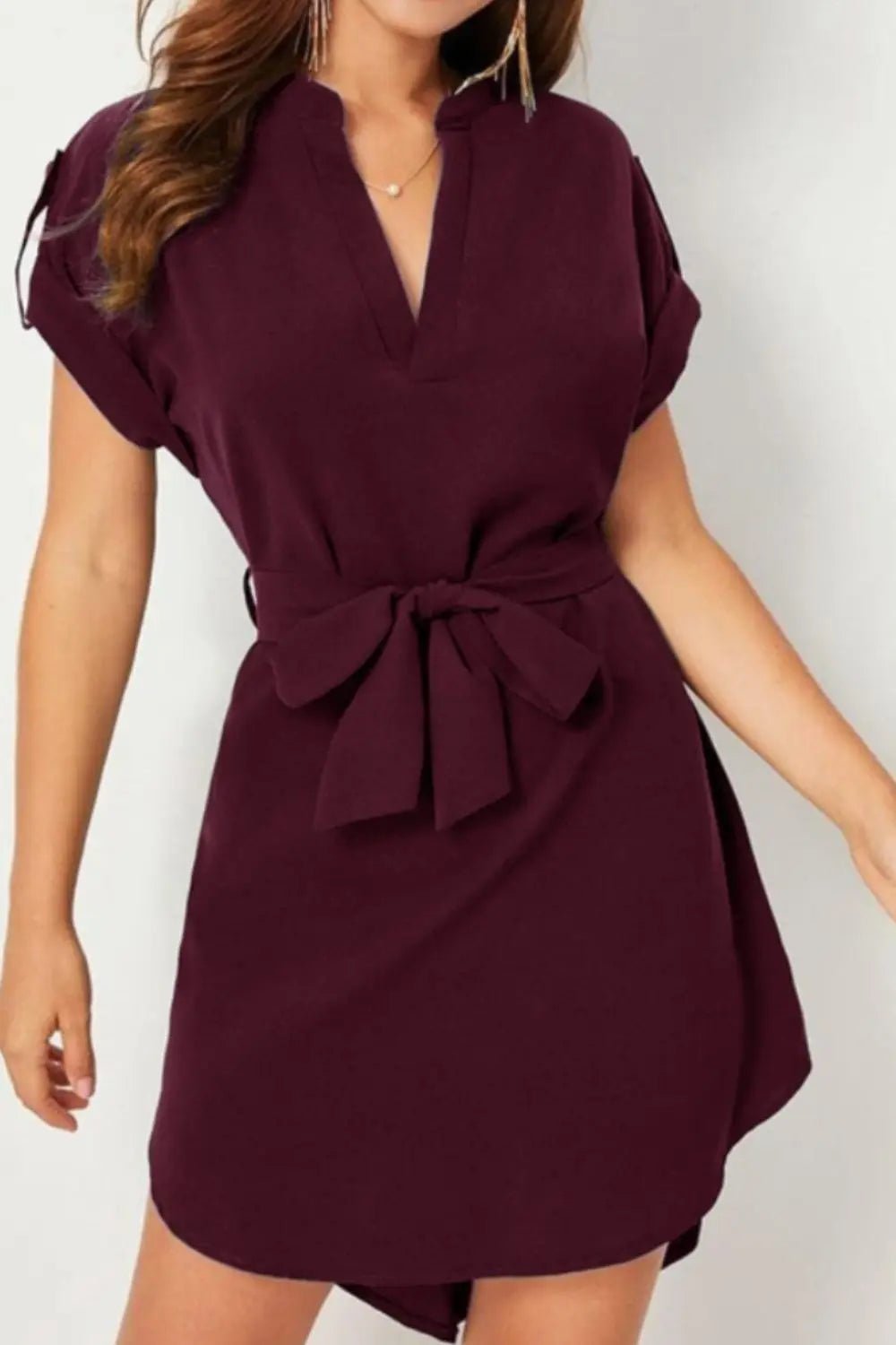 Tied Notched Short Sleeve Dress - GlossiChic CollectionDresses