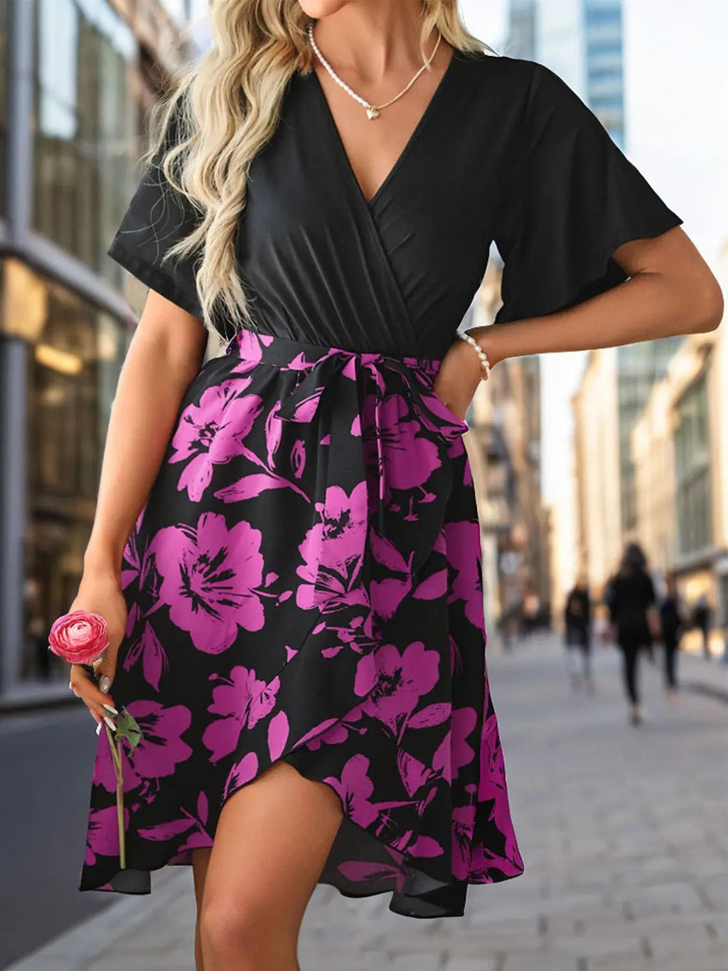 Tied Printed Surplice Short Sleeve Dress - GlossiChic CollectionDresses