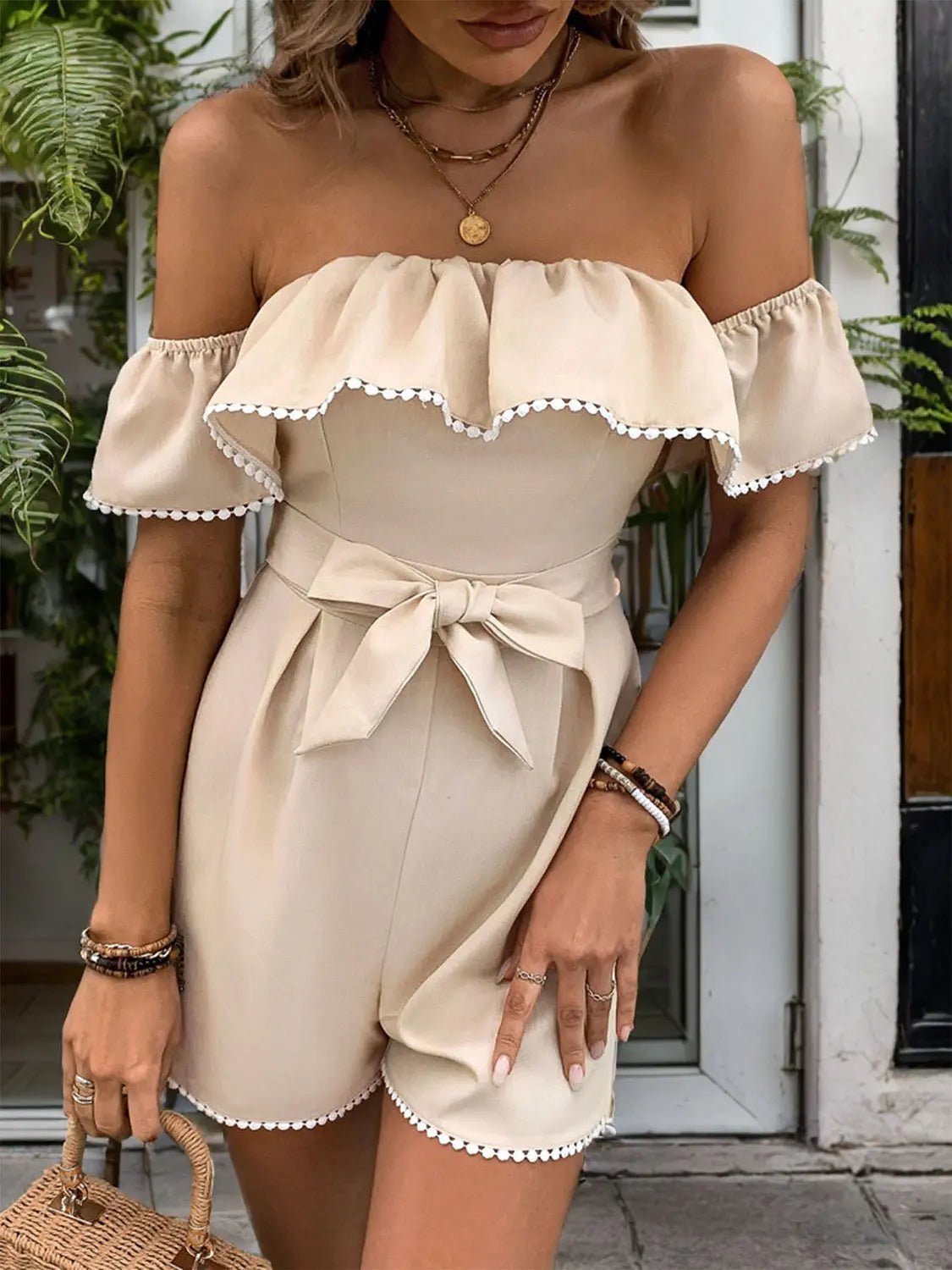Tied Ruffled Off - Shoulder Short Sleeve Romper - GlossiChic CollectionJumpers & Rompers