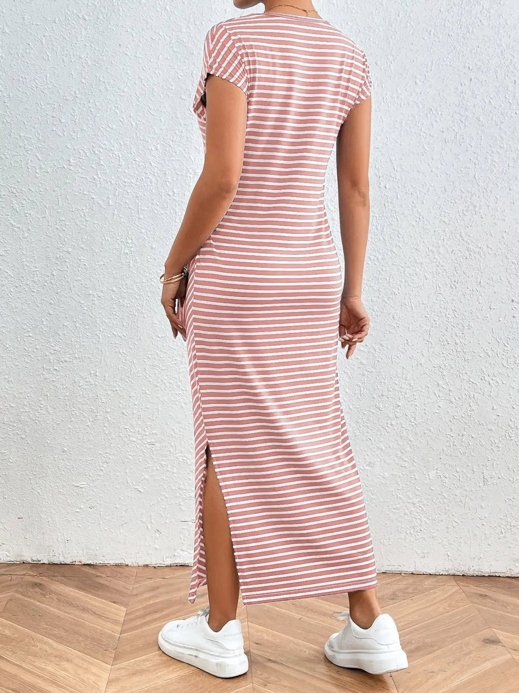 Tied Striped Round Neck Short Sleeve Tee Dress - GlossiChic CollectionDresses