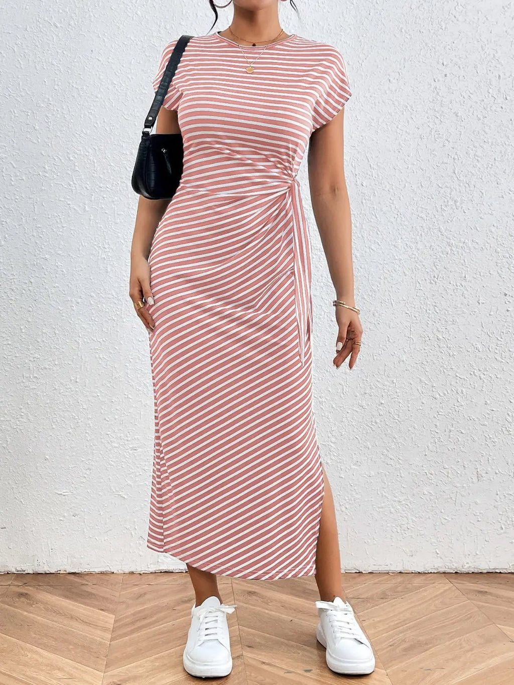 Tied Striped Round Neck Short Sleeve Tee Dress - GlossiChic CollectionDresses