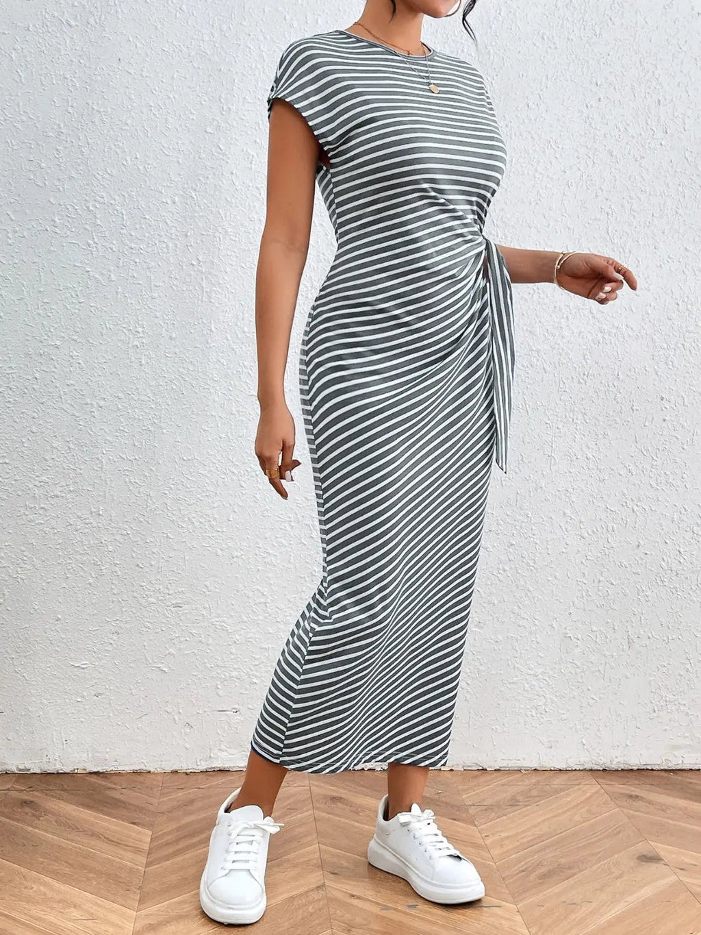 Tied Striped Round Neck Short Sleeve Tee Dress - GlossiChic CollectionDresses