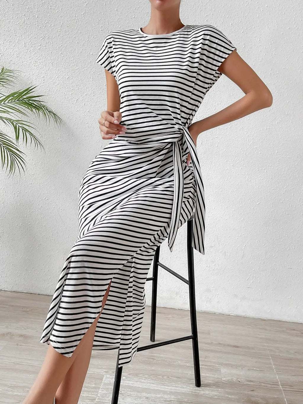 Tied Striped Round Neck Short Sleeve Tee Dress - GlossiChic CollectionDresses