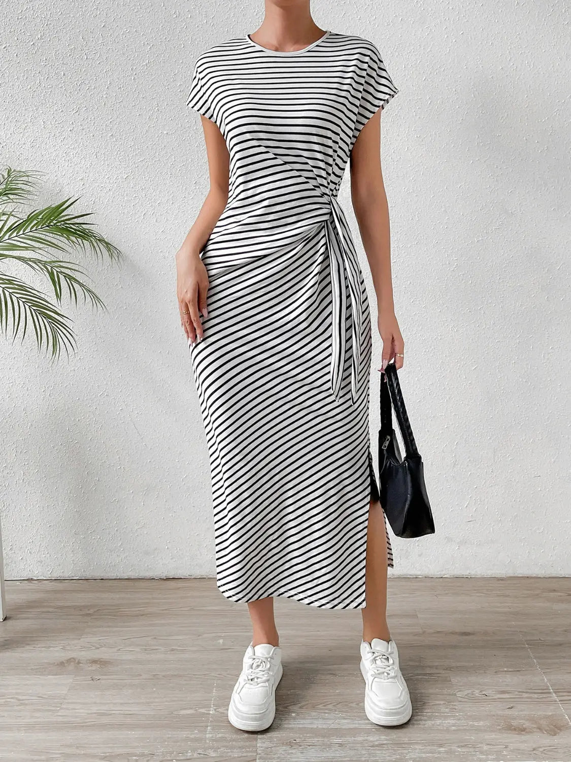 Tied Striped Round Neck Short Sleeve Tee Dress - GlossiChic CollectionDresses