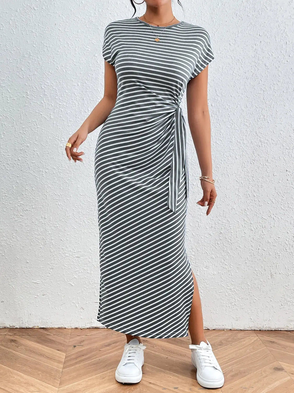 Tied Striped Round Neck Short Sleeve Tee Dress - GlossiChic CollectionDresses
