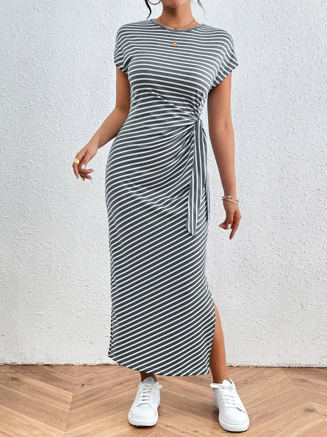 Tied Striped Round Neck Short Sleeve Tee Dress - GlossiChic CollectionDresses