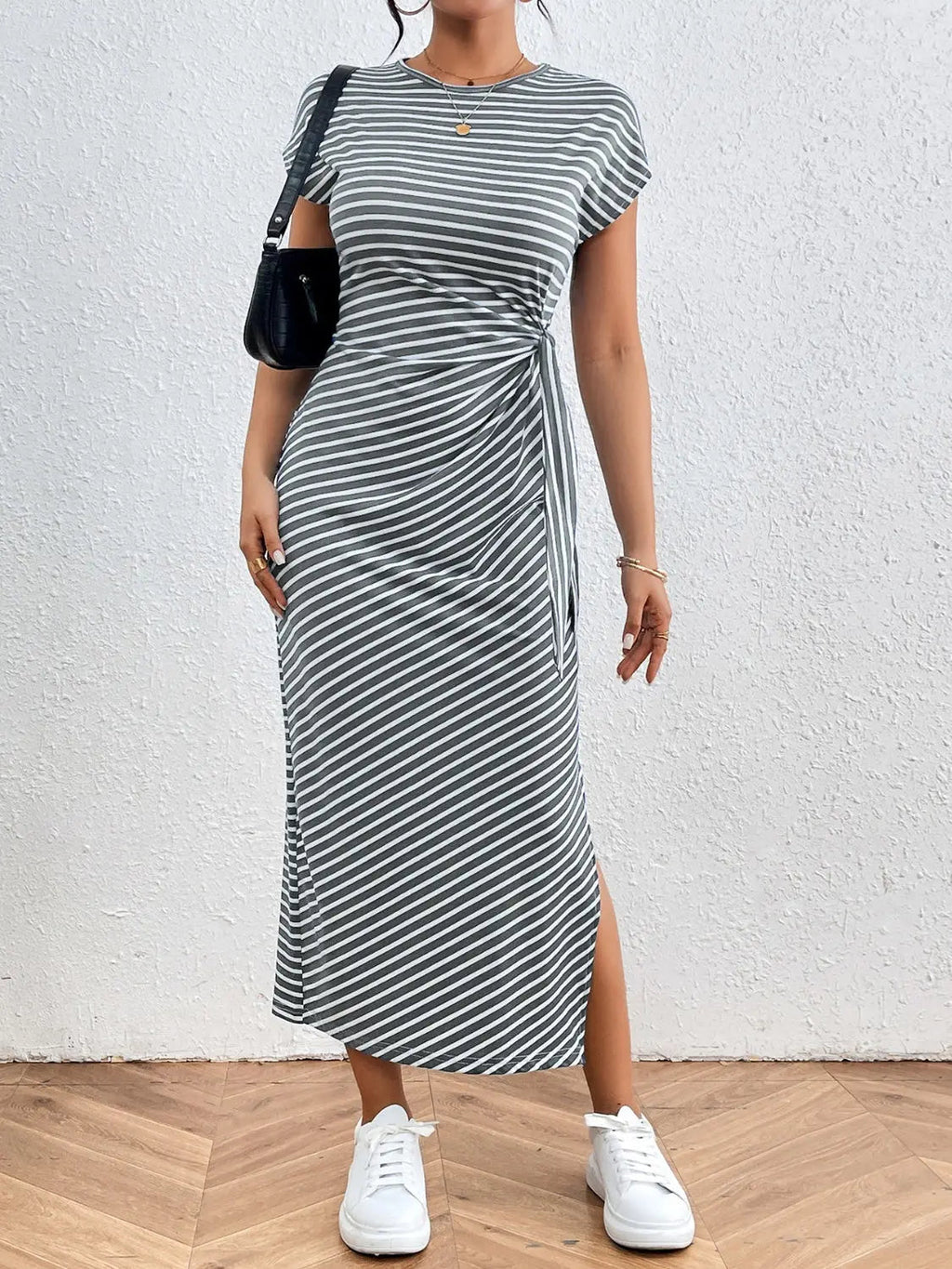 Tied Striped Round Neck Short Sleeve Tee Dress - GlossiChic CollectionDresses