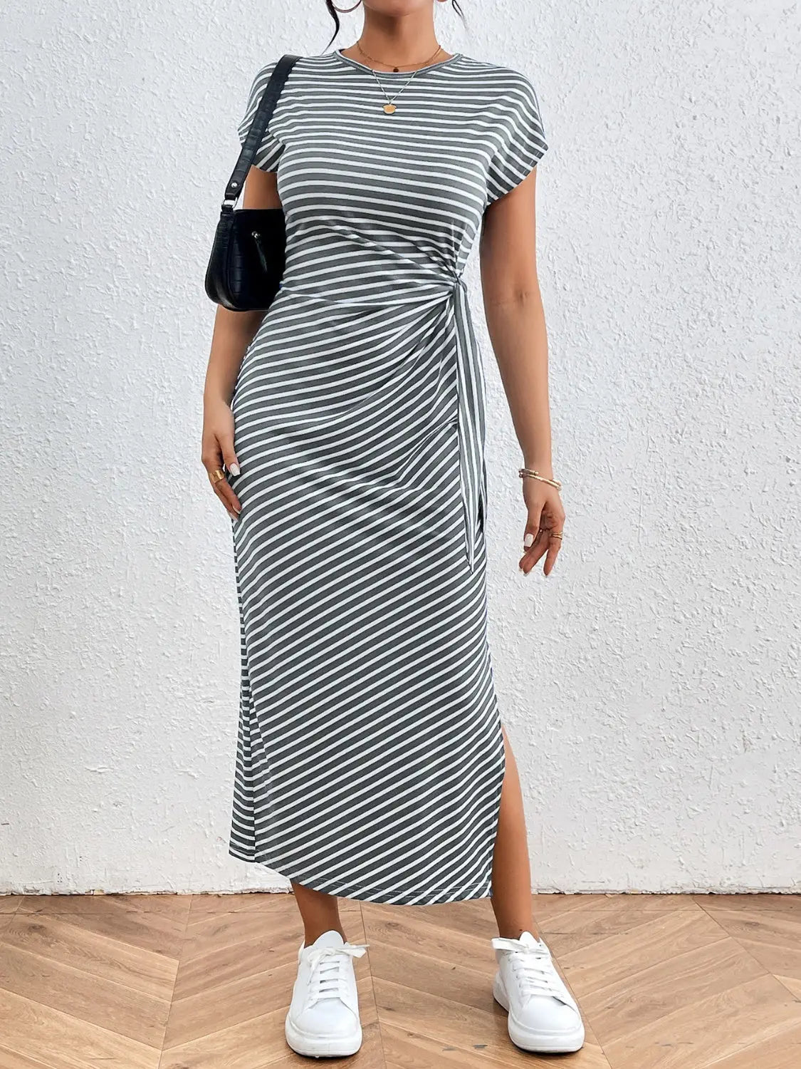 Tied Striped Round Neck Short Sleeve Tee Dress - GlossiChic CollectionDresses