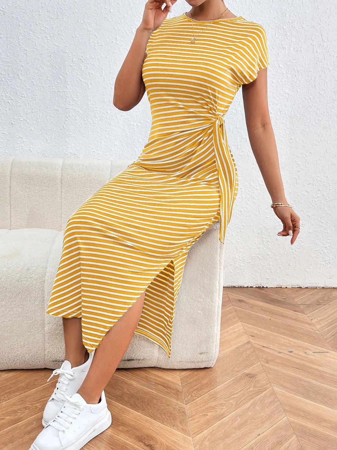 Tied Striped Round Neck Short Sleeve Tee Dress - GlossiChic CollectionDresses
