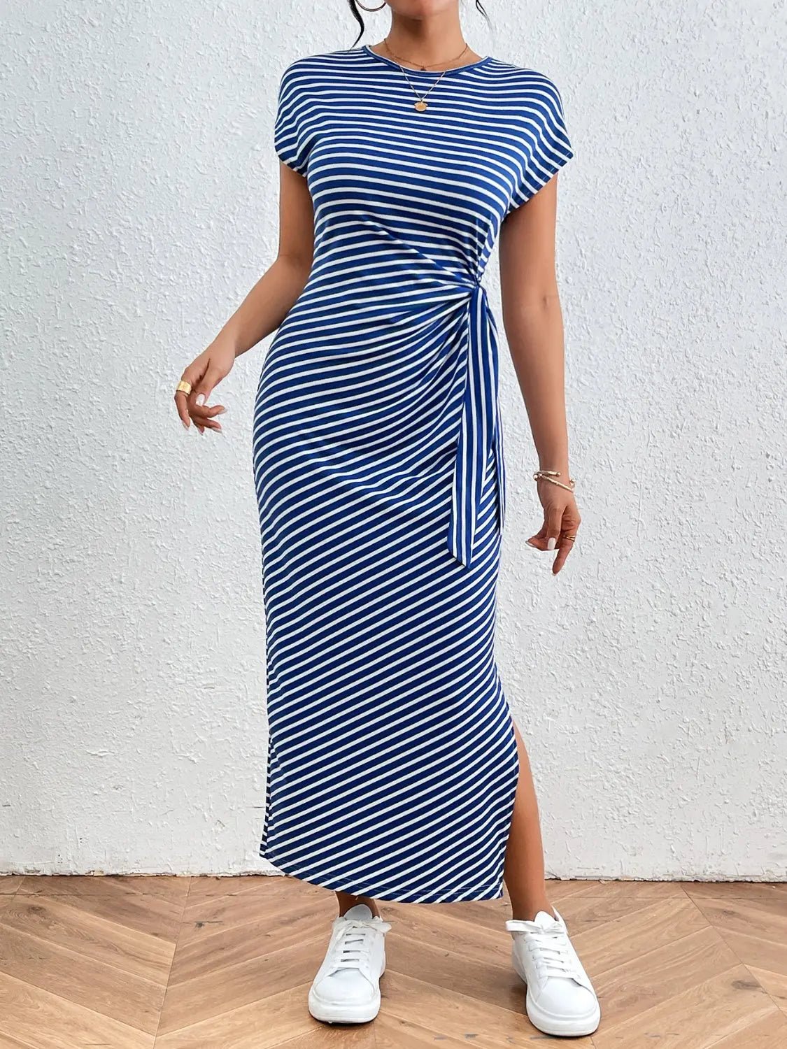Tied Striped Round Neck Short Sleeve Tee Dress - GlossiChic CollectionDresses