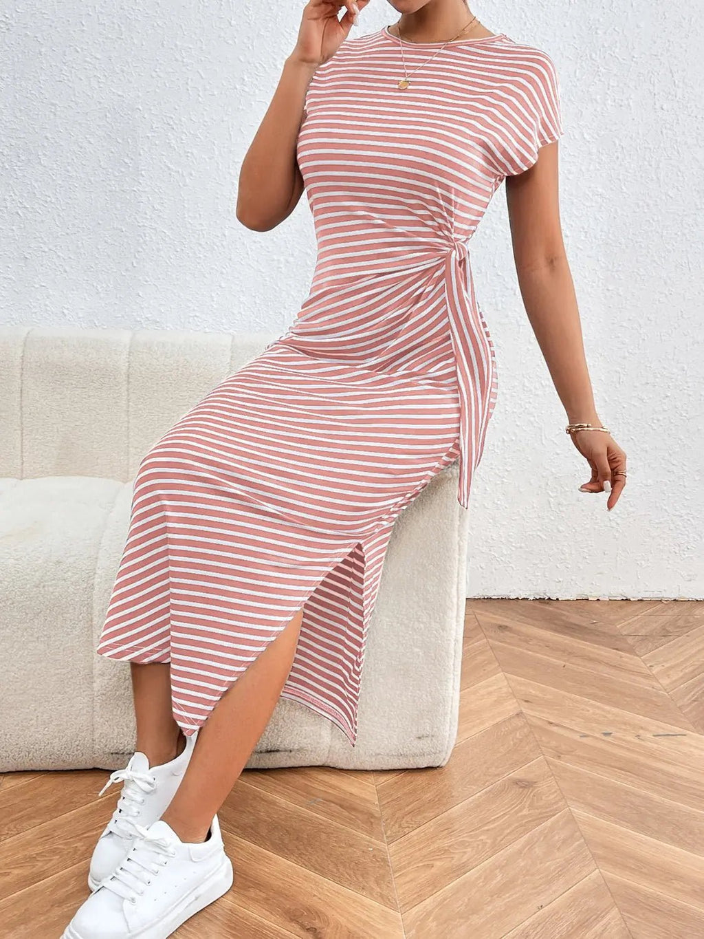 Tied Striped Round Neck Short Sleeve Tee Dress - GlossiChic CollectionDresses