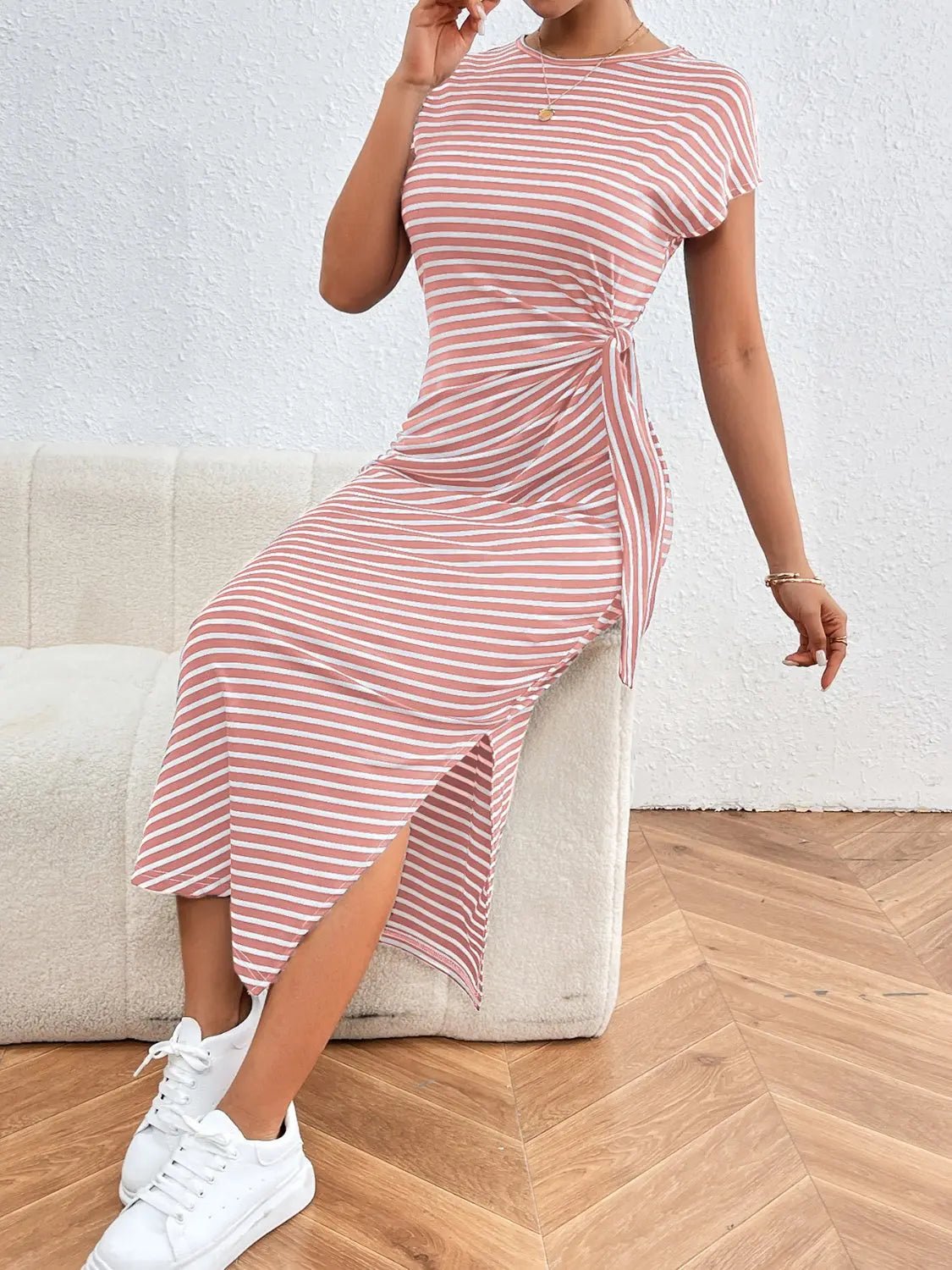 Tied Striped Round Neck Short Sleeve Tee Dress - GlossiChic CollectionDresses