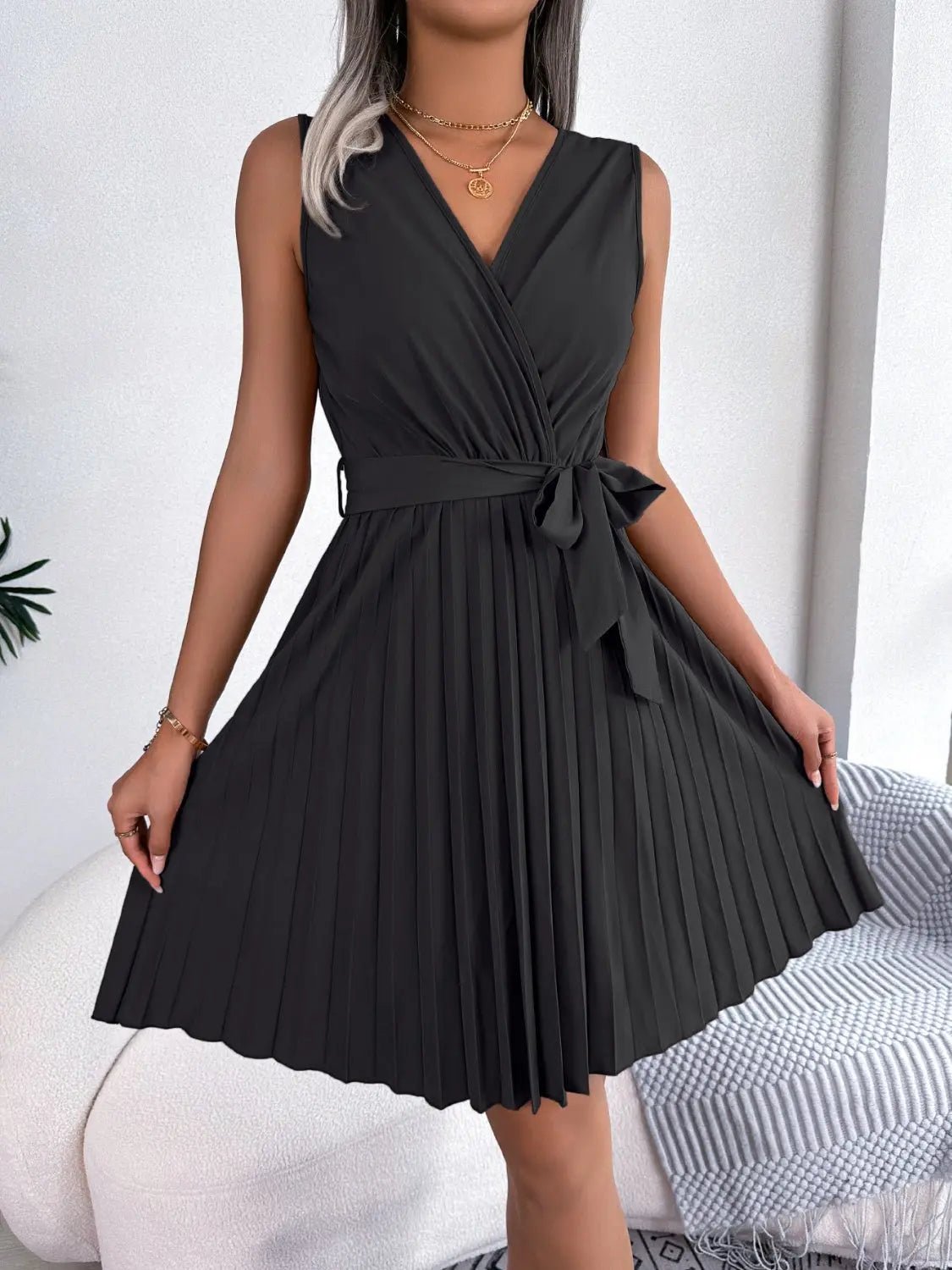Tied Surplice Sleeveless Pleated Dress - GlossiChic CollectionDresses