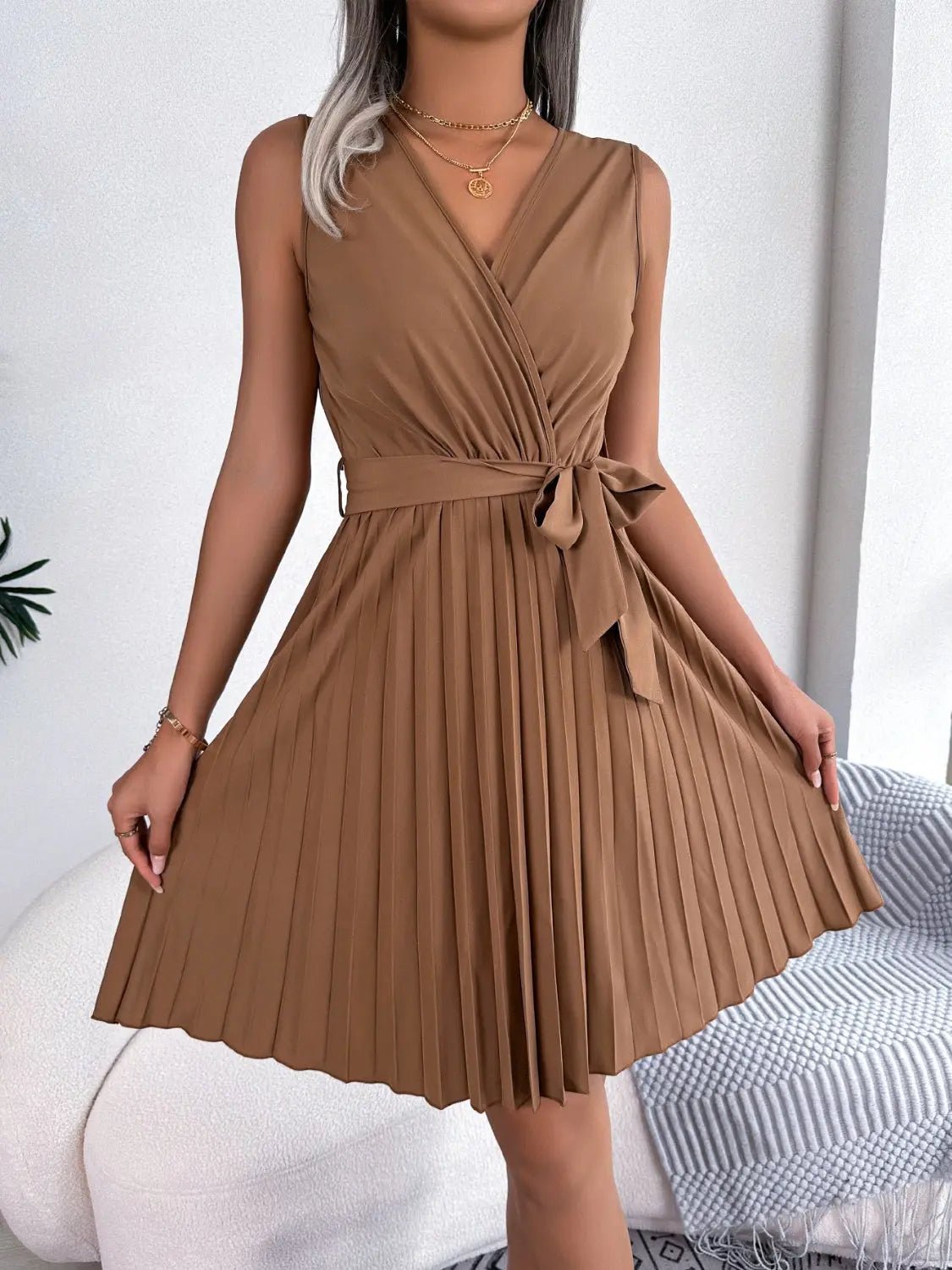 Tied Surplice Sleeveless Pleated Dress - GlossiChic CollectionDresses