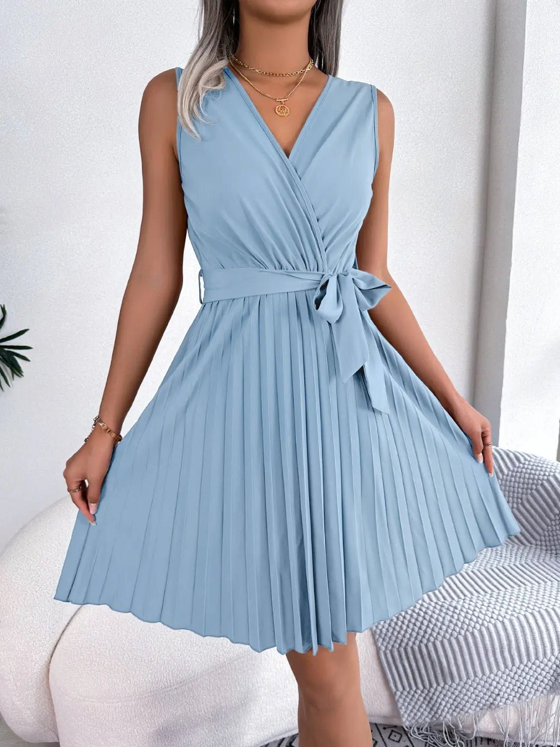 Tied Surplice Sleeveless Pleated Dress - GlossiChic CollectionDresses