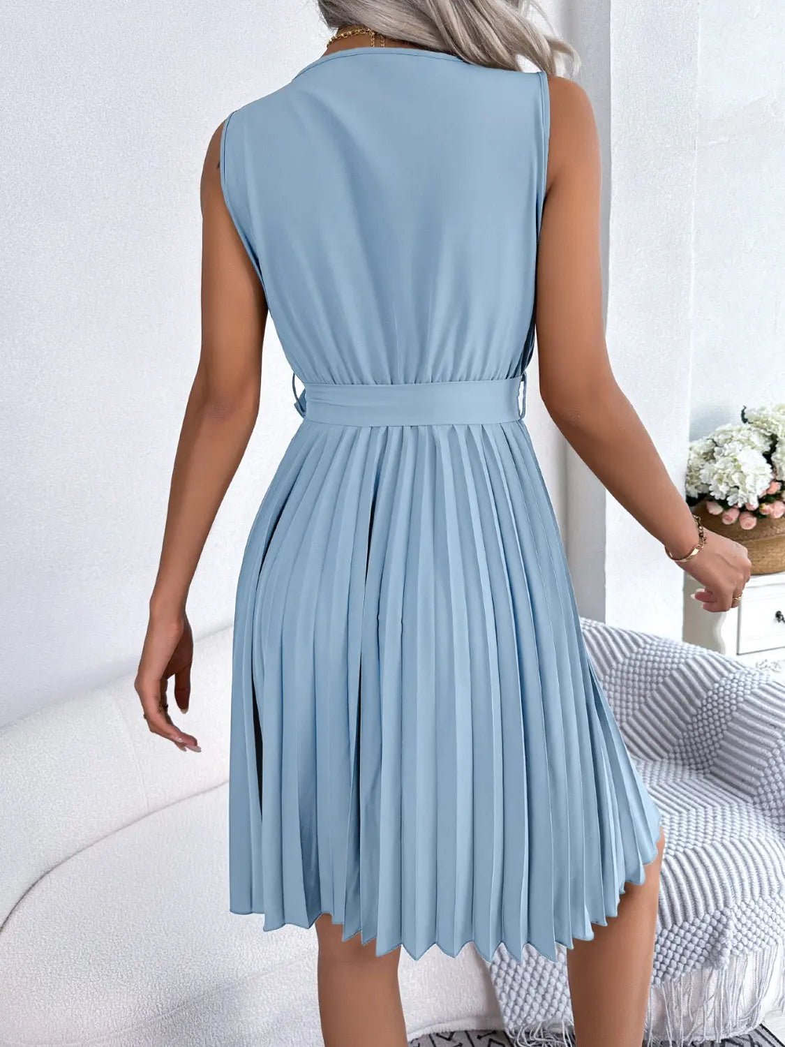 Tied Surplice Sleeveless Pleated Dress - GlossiChic CollectionDresses