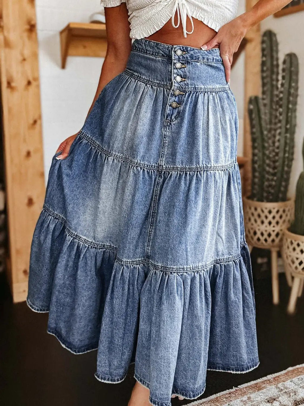 Tiered Button-Fly Denim Skirt - GlossiChic Collection Medium / S GlossiChic Collection Dresses