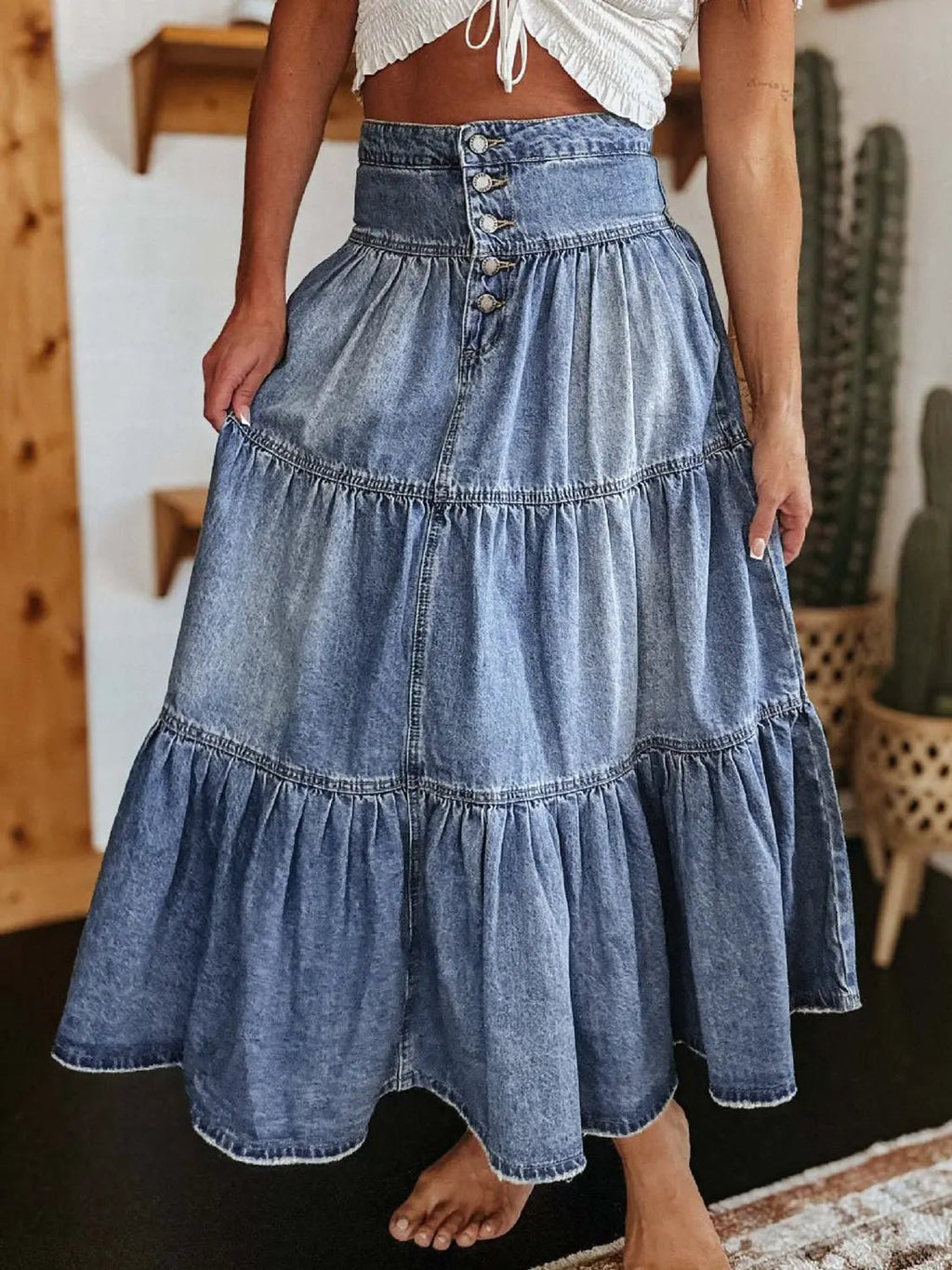 Tiered Button-Fly Denim Skirt - GlossiChic Collection Medium / S GlossiChic Collection Dresses