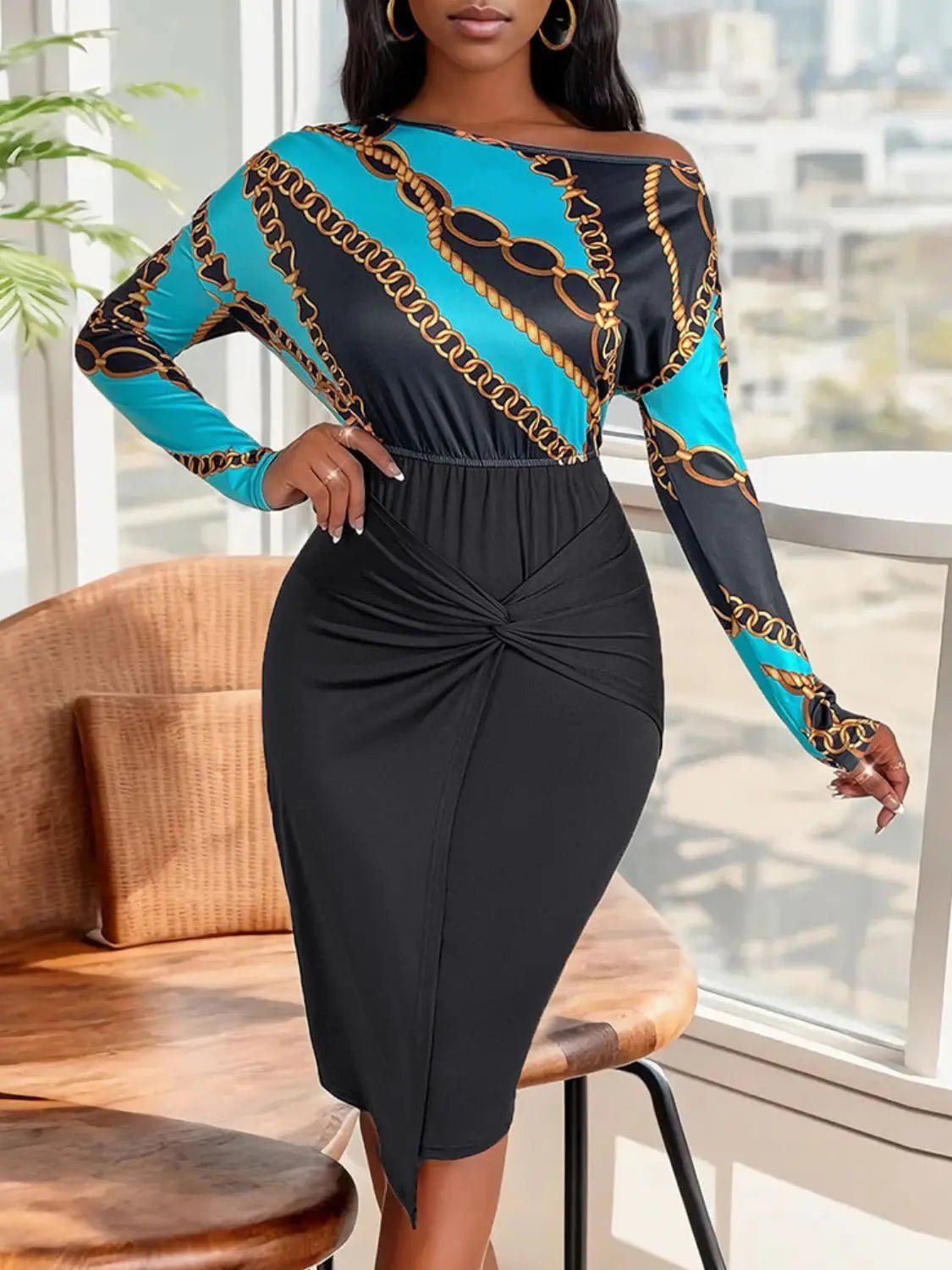 Twisted Printed Long Sleeve Dress - GlossiChic Collection Black / S GlossiChic Collection Dresses