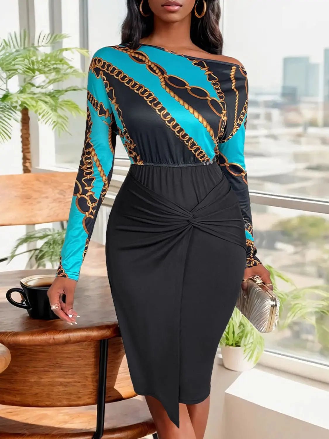 Twisted Printed Long Sleeve Dress - GlossiChic Collection Black / S GlossiChic Collection Dresses