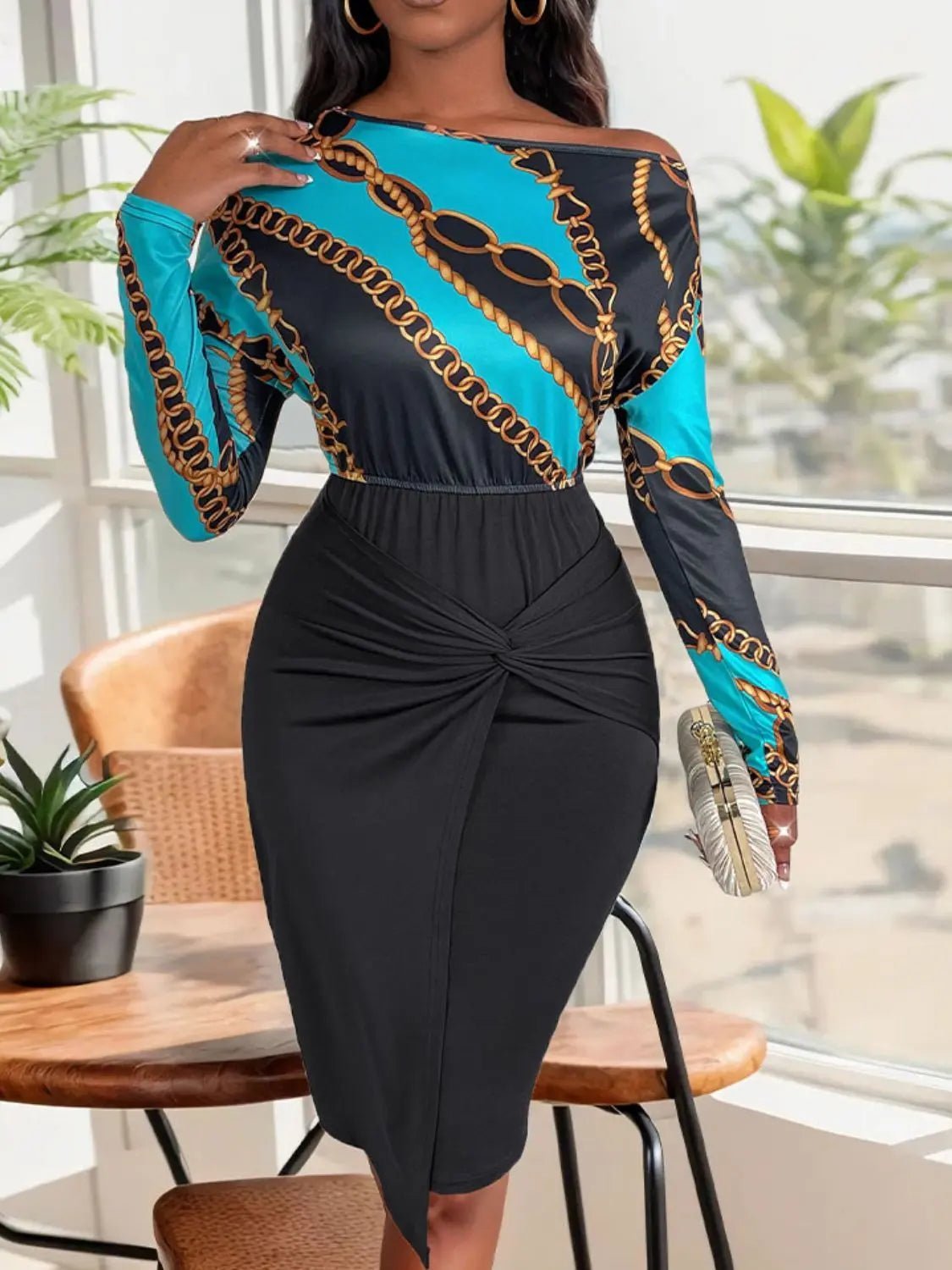 Twisted Printed Long Sleeve Dress - GlossiChic Collection Black / S GlossiChic Collection Dresses