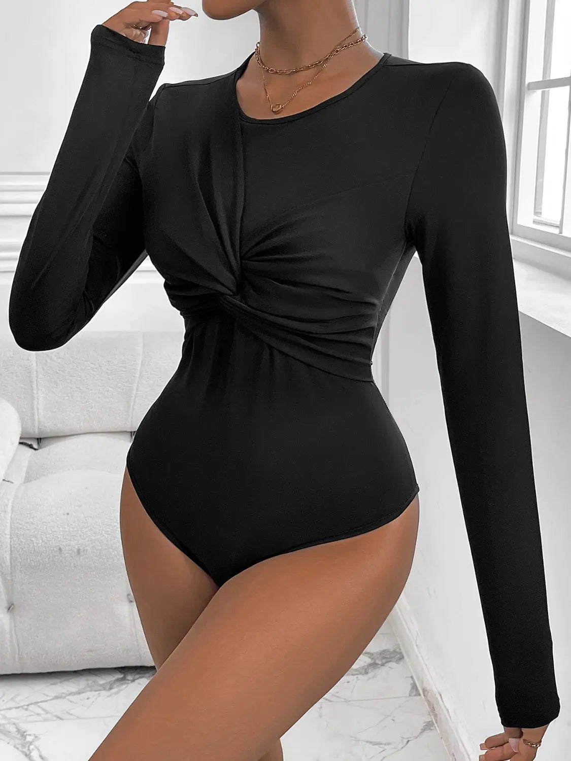 Twisted Round Neck Long Sleeve Bodysuit - GlossiChic Collection Black / S GlossiChic Collection Bodysuits