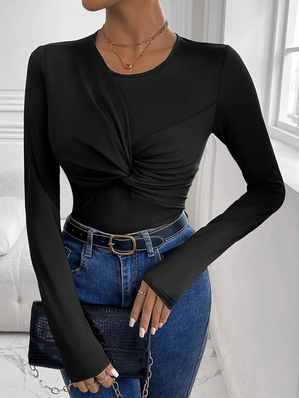 Twisted Round Neck Long Sleeve Bodysuit - GlossiChic Collection Black / S GlossiChic Collection Bodysuits