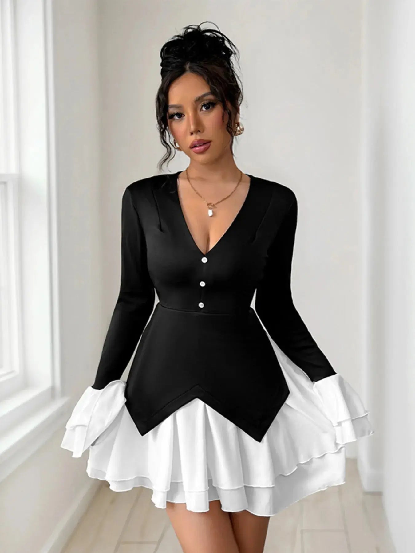 Two Tone V-Neck Long Sleeve Mini Dress - GlossiChic Collection Black / S GlossiChic Collection Dresses