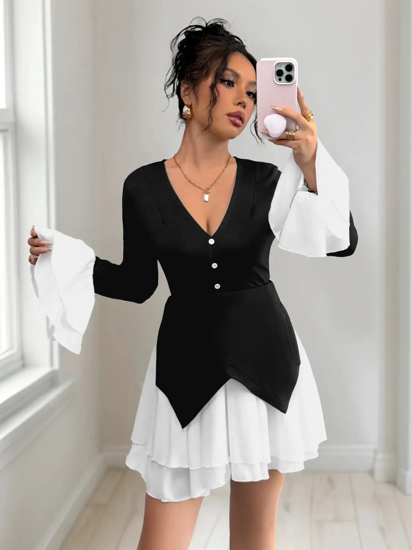 Two Tone V-Neck Long Sleeve Mini Dress - GlossiChic Collection Black / S GlossiChic Collection Dresses