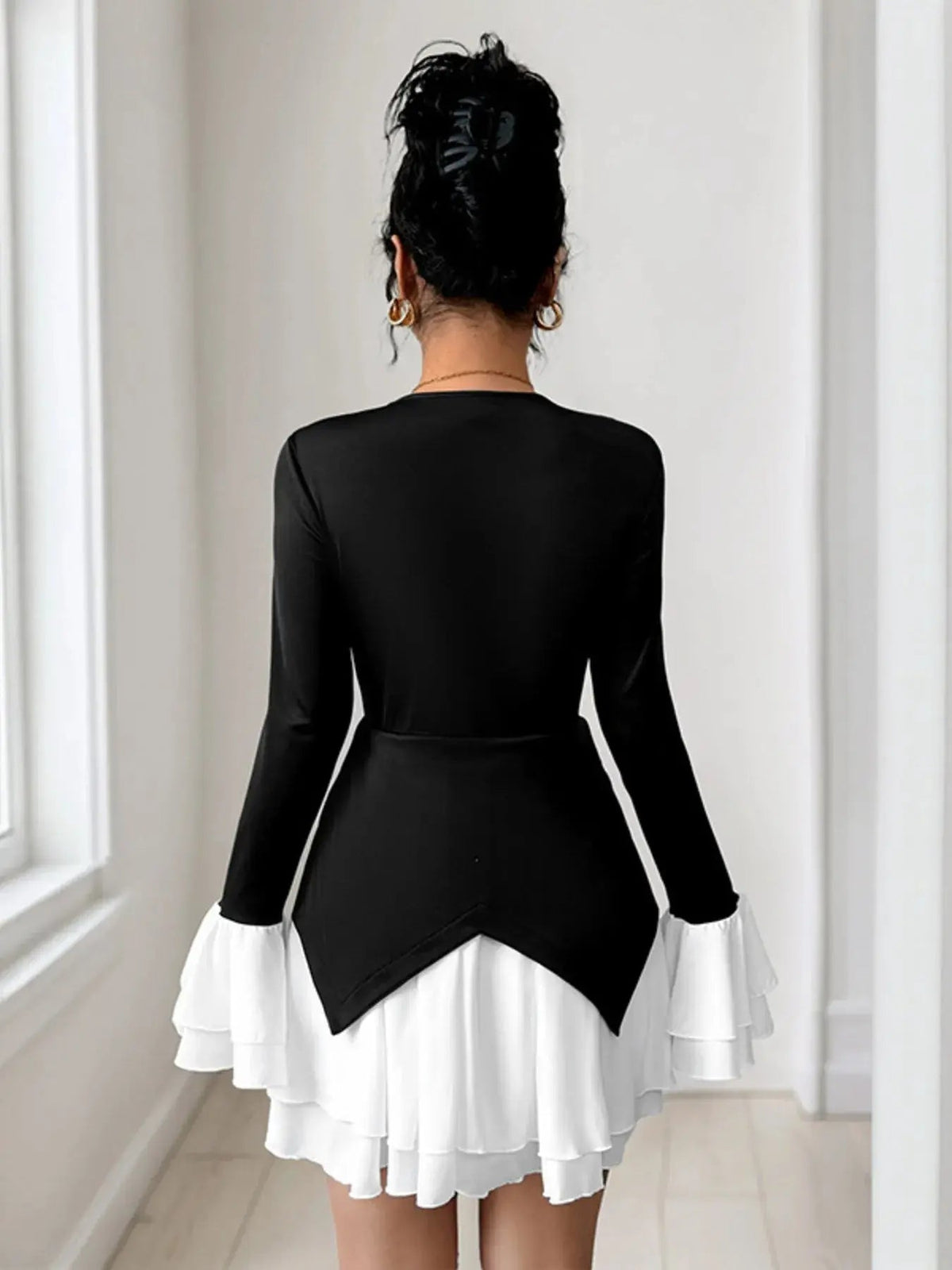 Two Tone V-Neck Long Sleeve Mini Dress - GlossiChic Collection Black / S GlossiChic Collection Dresses