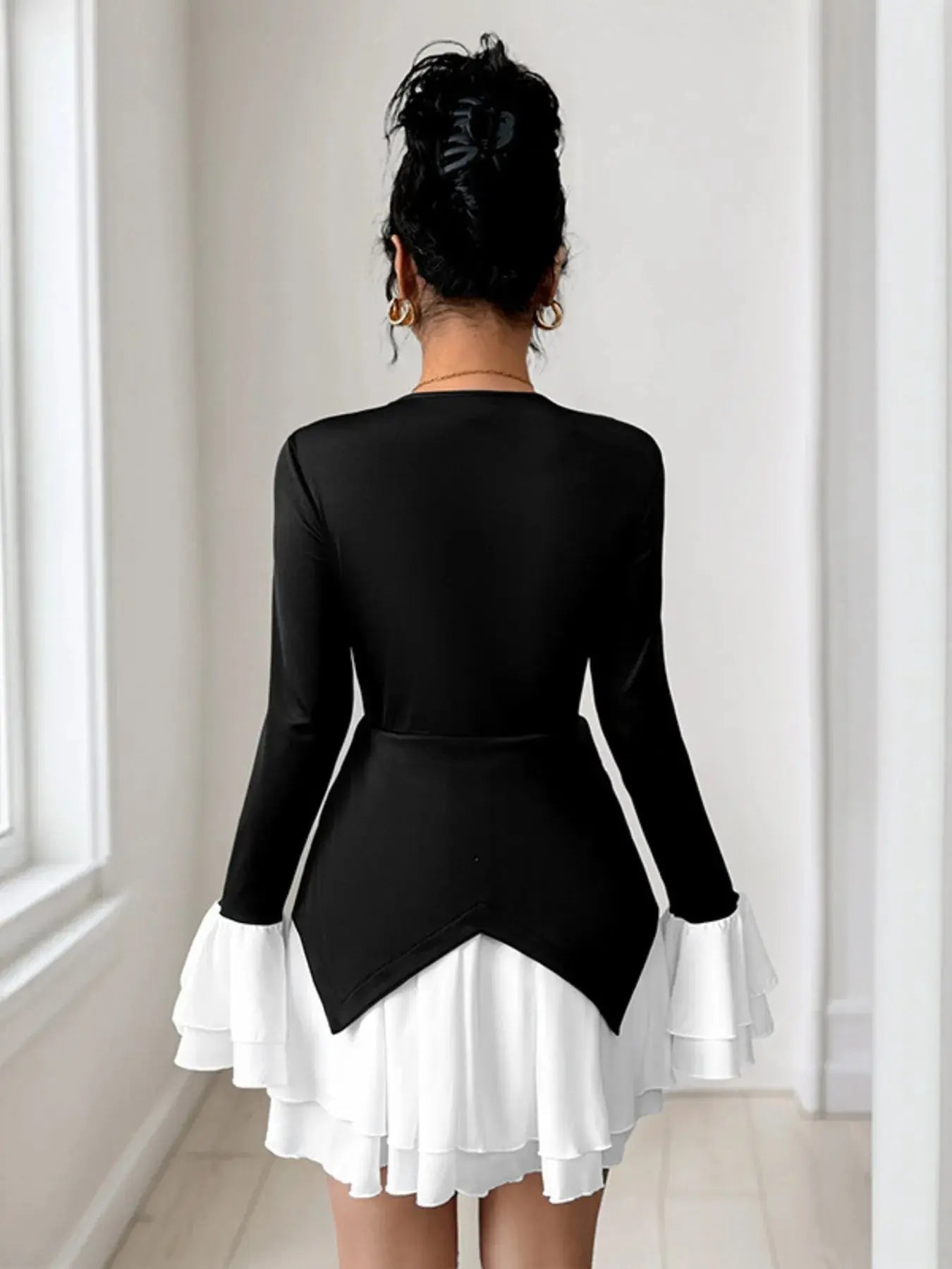 Two Tone V-Neck Long Sleeve Mini Dress - GlossiChic Collection Black / S GlossiChic Collection Dresses