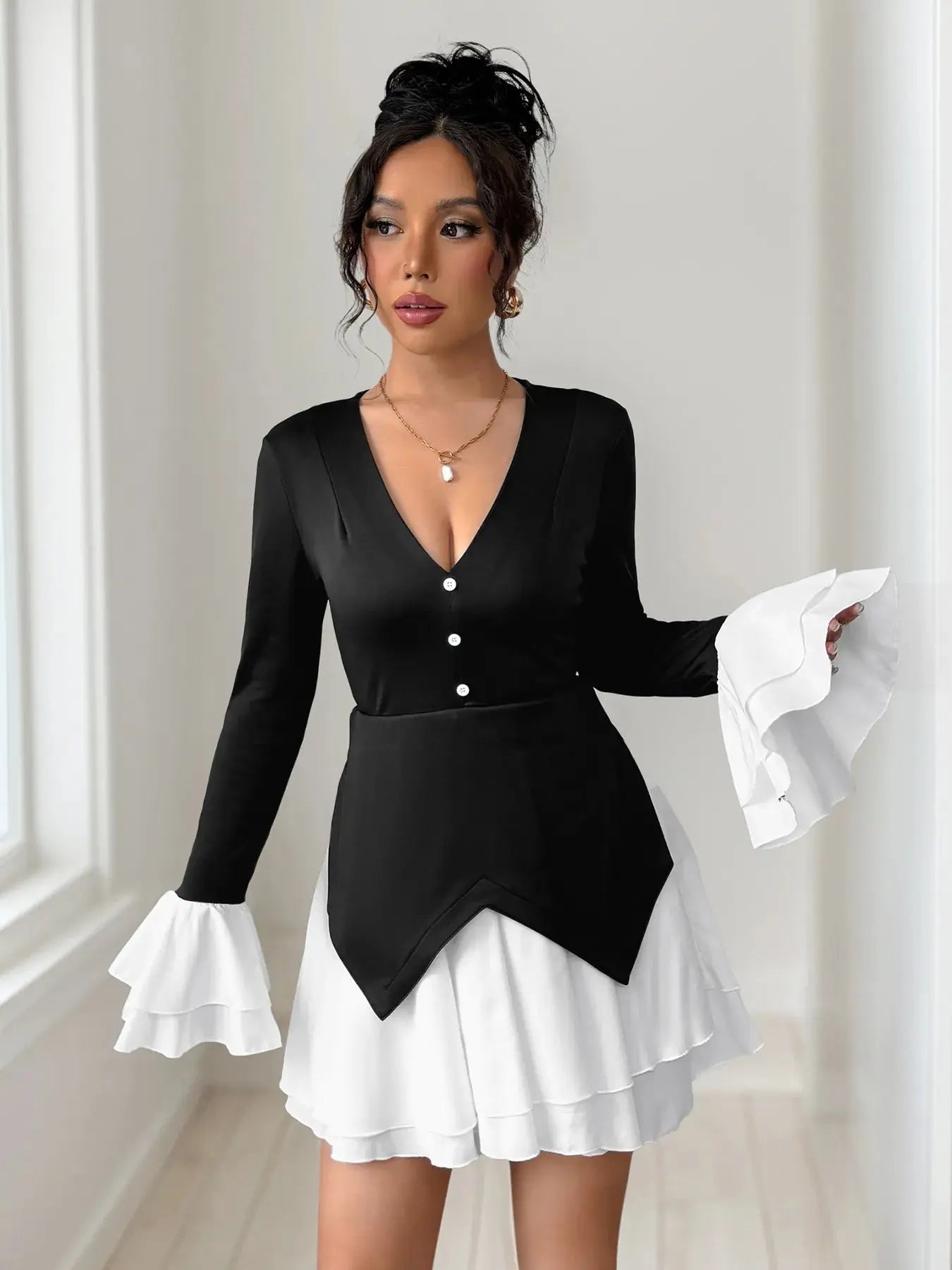 Two Tone V-Neck Long Sleeve Mini Dress - GlossiChic Collection Black / S GlossiChic Collection Dresses