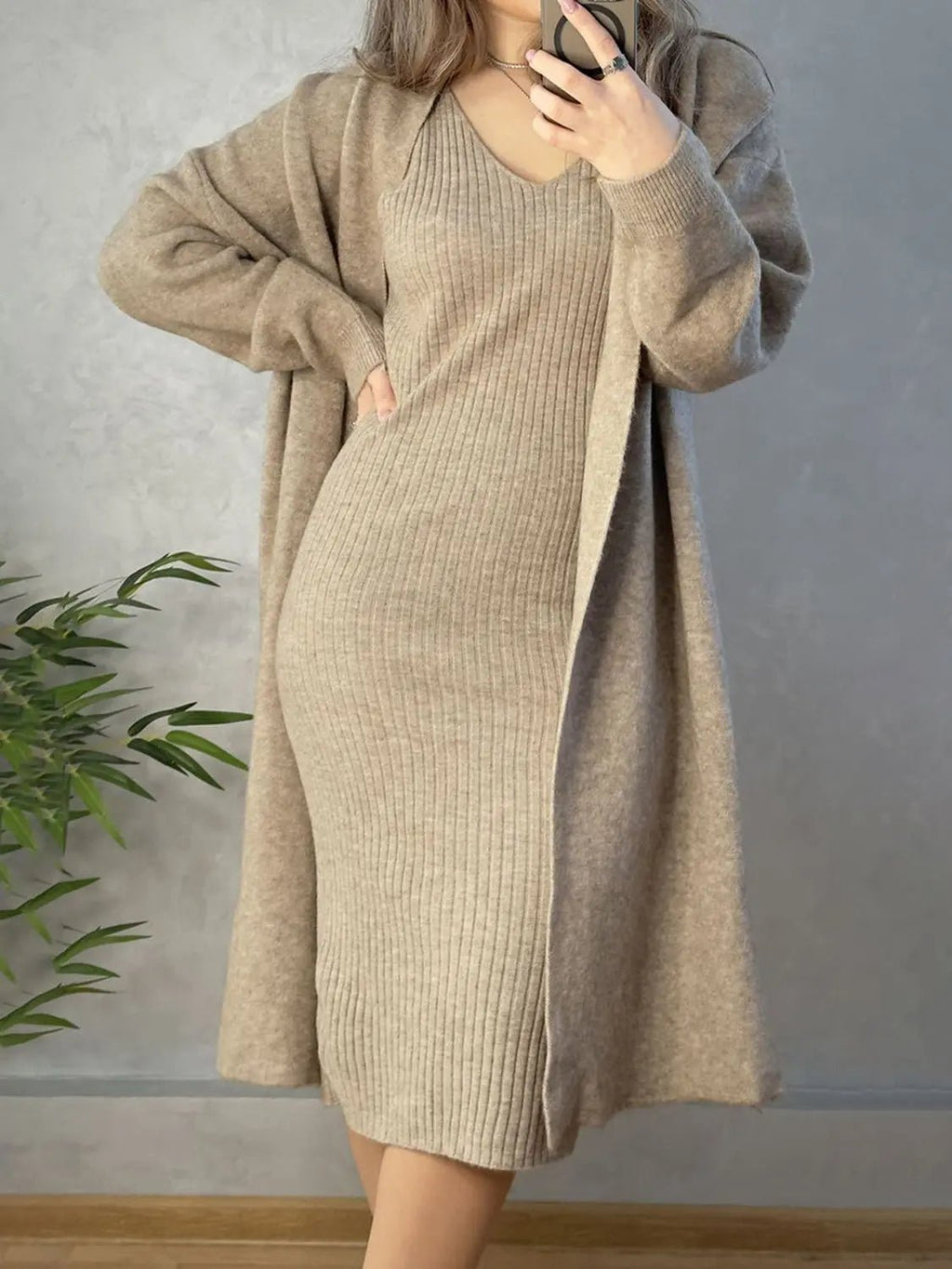 V-Neck Cami Dress and Open Front Cardigan Sweater Set - GlossiChic Collection Gum Leaf / One Size GlossiChic Collection Outfit Set