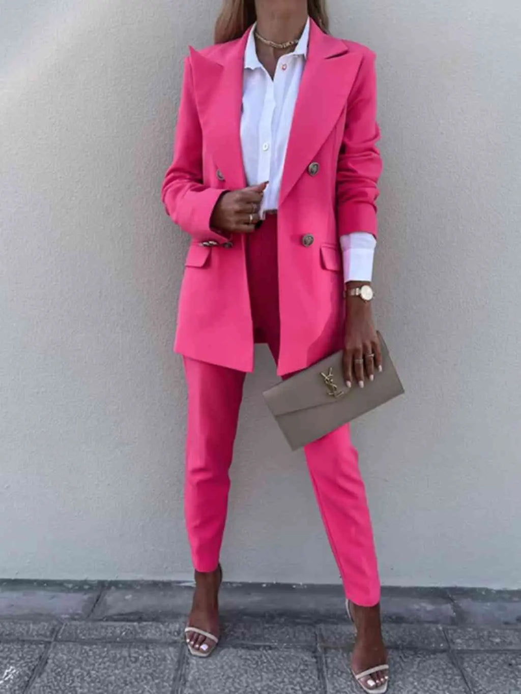 Lapel Collar Long Sleeve Blazer and Pants Set - GlossiChic Collection Hot Pink / S GlossiChic Collection Outfit Sets