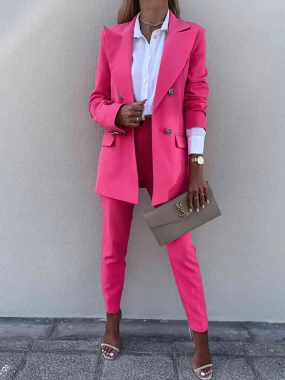 Lapel Collar Long Sleeve Blazer and Pants Set - GlossiChic Collection Hot Pink / S GlossiChic Collection Outfit Sets