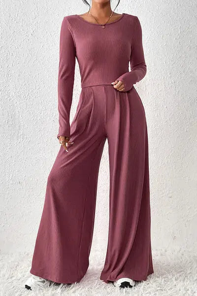Ribbed Round Neck Top and Wide-Leg Pants Set - GlossiChic Collection Moonlit Mauve / S GlossiChic Collection Outfit Sets
