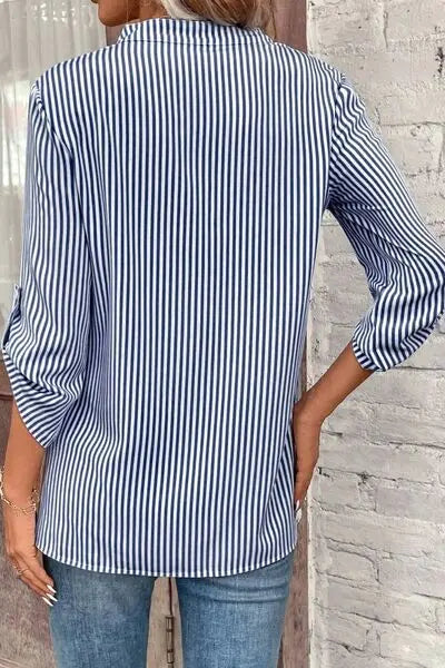 Striped Notched Roll-Tab Sleeve Shirt - GlossiChic Collection Red / S GlossiChic Collection Shirts & Tops