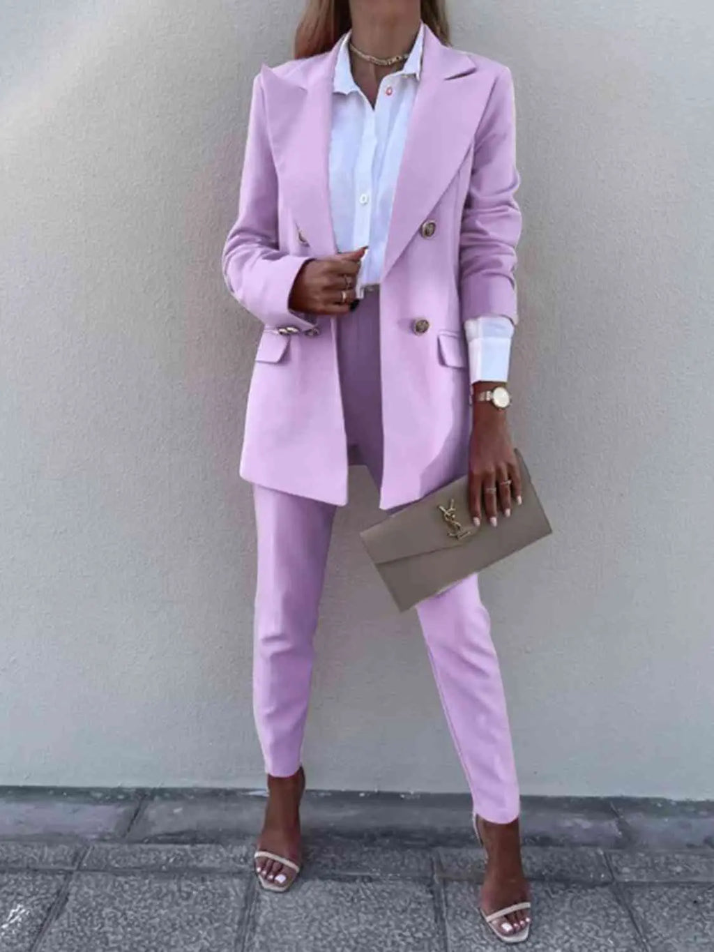 Lapel Collar Long Sleeve Blazer and Pants Set - GlossiChic Collection Lavender / S GlossiChic Collection Outfit Sets