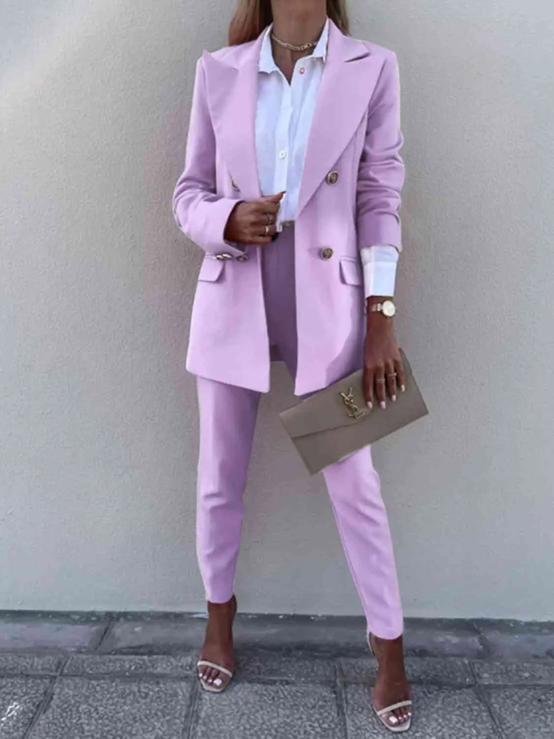 Lapel Collar Long Sleeve Blazer and Pants Set - GlossiChic Collection Lavender / S GlossiChic Collection Outfit Sets